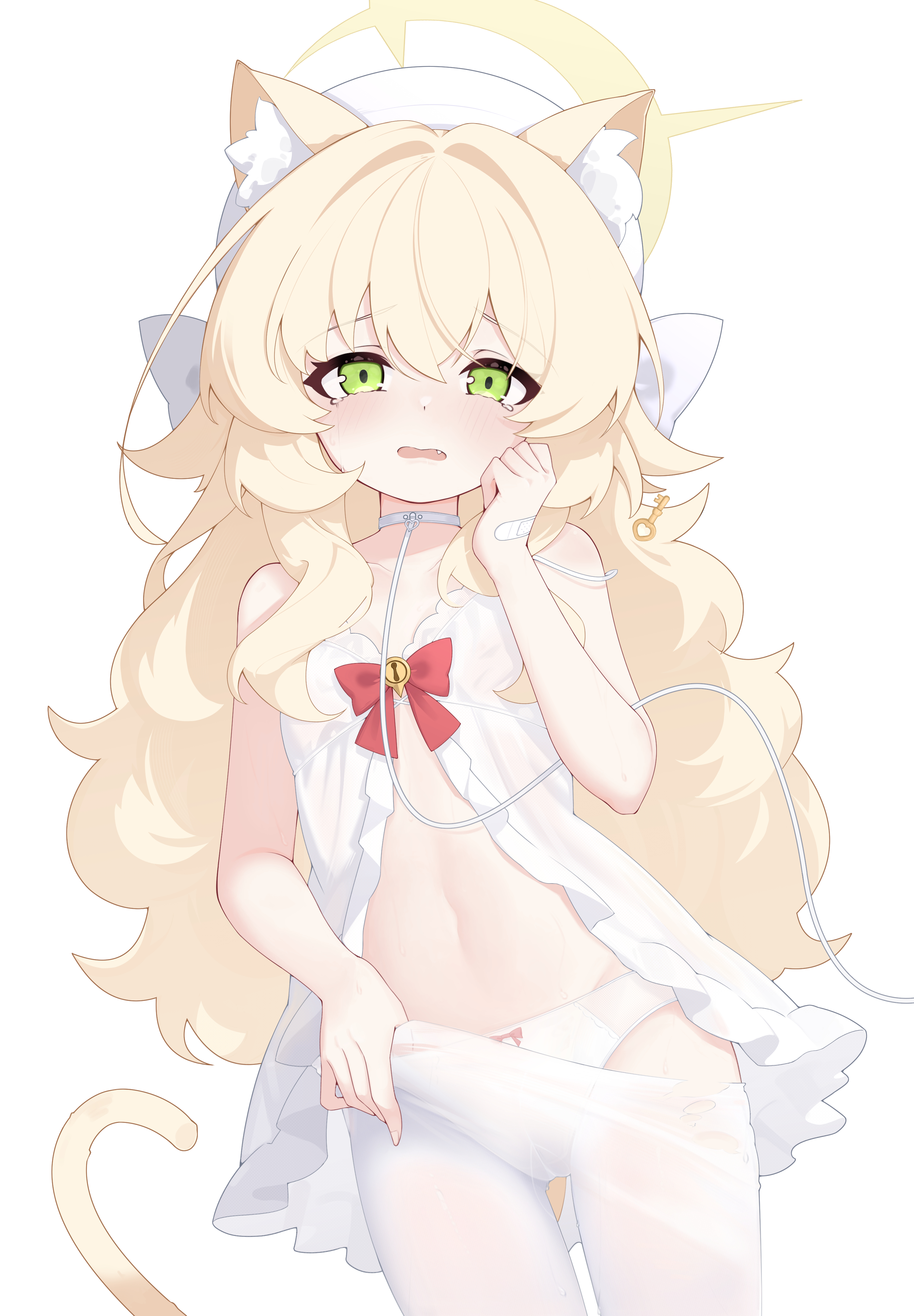 jiuchong ying fengxue, professor niyaniya (blue archive), blue archive, absurdres, highres, 1girl, alternate costume, animal ear fluff, animal ears, blonde hair, bow, cat ears, cat girl, cat tail, green eyes, halo, kemonomimi mode, long hair, looking at viewer, panties, pantyhose, simple background, solo, tail, underwear, white background, white panties, white pantyhose