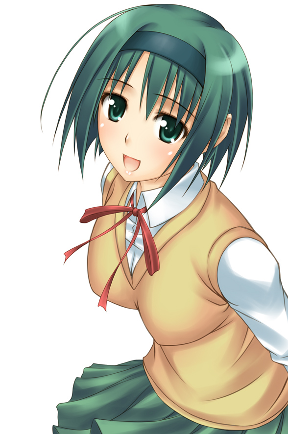 ribucci, yoshioka chie, to heart (series), to heart 2, 00s, 1girl, breasts, female focus, green eyes, green hair, hairband, matching hair/eyes, ribbon, school uniform, serafuku, short hair, simple background, skirt, solo, sweater vest