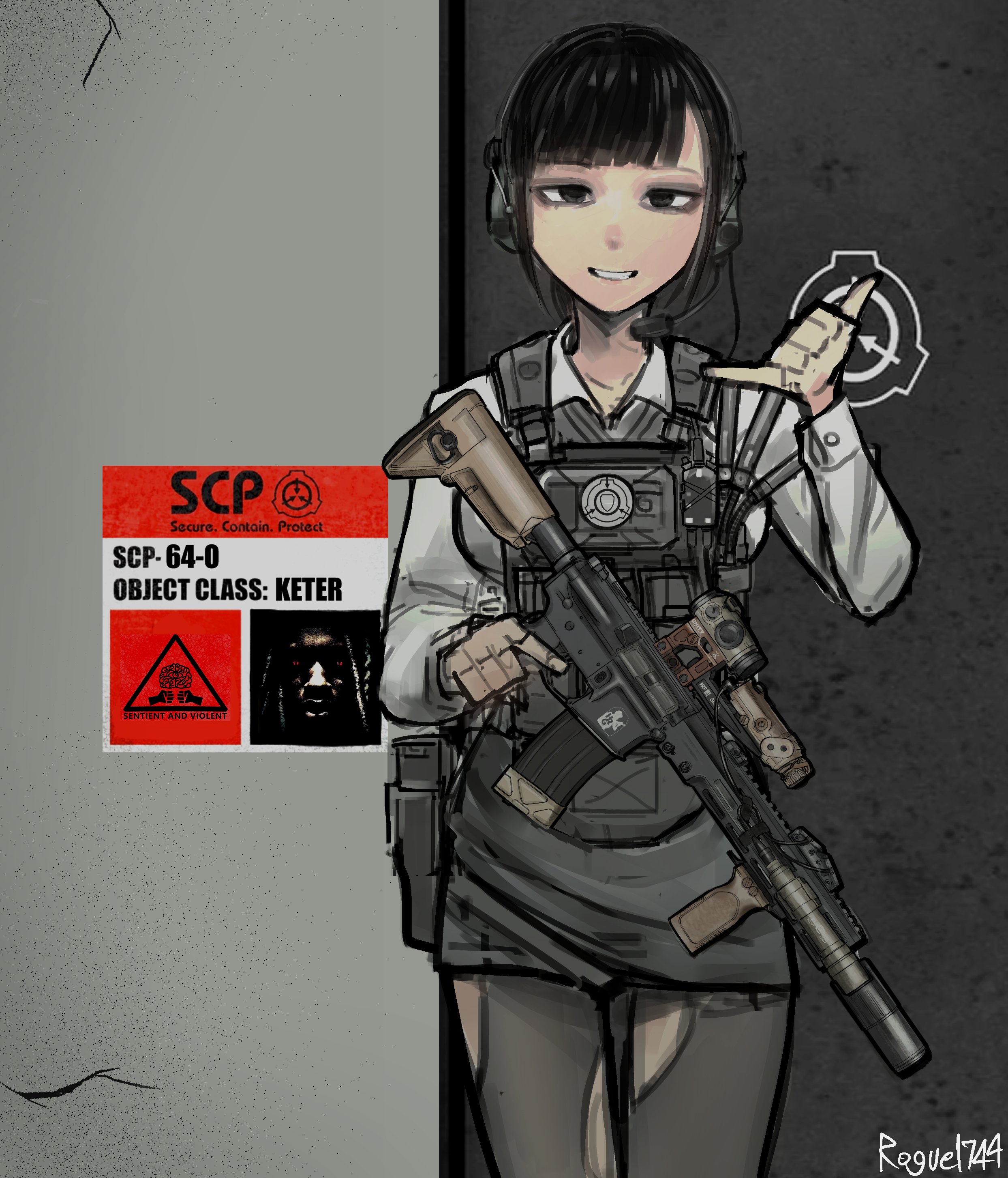 rogue1749, original, scp foundation, absurdres, highres, 1girl, artist name, assault rifle, black eyes, black hair, bulletproof vest, cowboy shot, english text, gun, headset, holding, holding gun, holding weapon, holster, holstered, long sleeves, looking at viewer, magazine (weapon), miniskirt, pantyhose, pencil skirt, rifle, scope, shaka sign, shirt, signature, skirt, smile, torn clothes, torn pantyhose, trigger discipline, weapon, white shirt