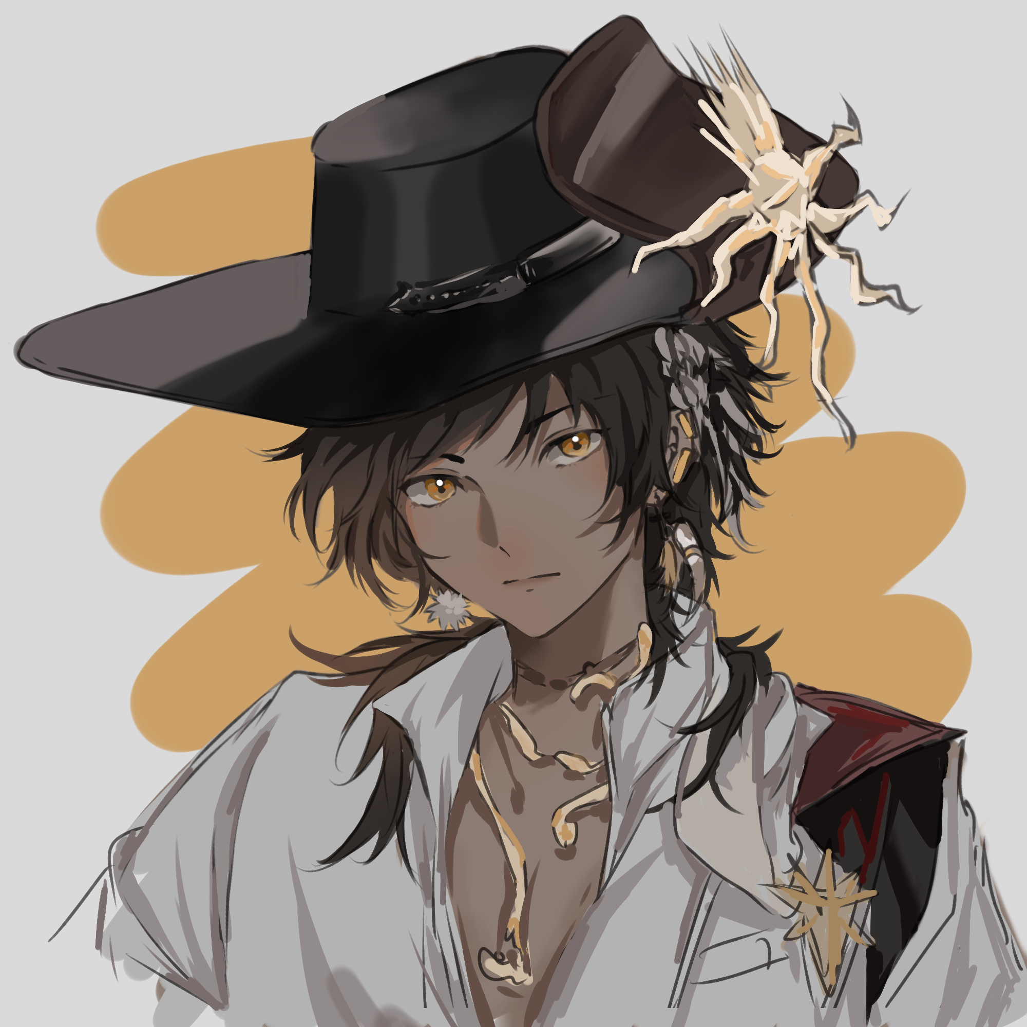 thorns (arknights), thorns (blade-cleaved tides) (arknights), arknights, chinese commentary, commentary request, highres, 1boy, black hair, black hat, brown hair, closed mouth, collared shirt, dark-skinned male, dark skin, ear piercing, grey shirt, hat, looking at viewer, male focus, medium hair, mo mo (g3579515), multicolored hair, official alternate costume, open collar, piercing, popped collar, shirt, solo, streaked hair, yellow eyes