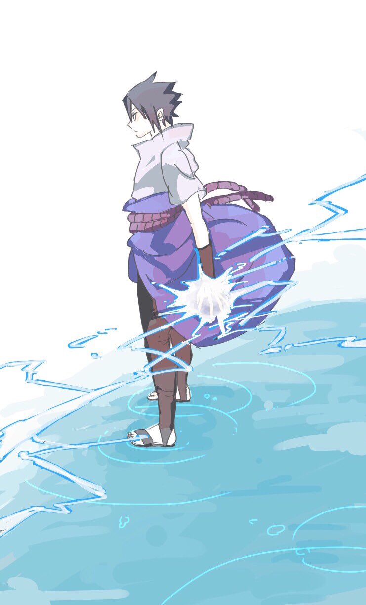 uchiha sasuke, naruto (series), naruto shippuuden, highres, 1boy, black hair, black pants, collared shirt, electricity, from side, male focus, ns ichiban, pants, profile, ripples, rope, rope belt, sandals, shirt, short hair, short sleeves, solo, standing, water, white shirt, wing collar
