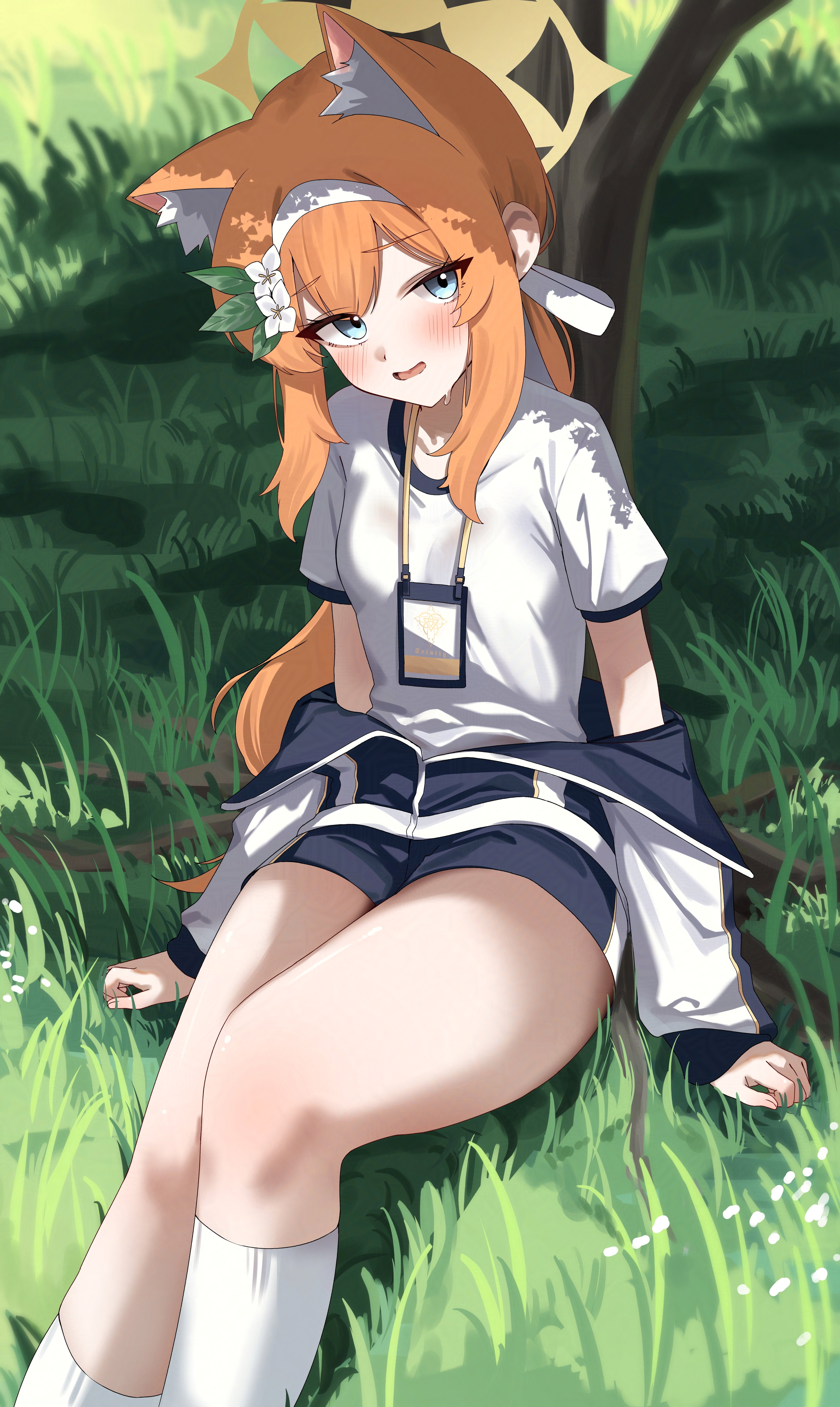 d (delt4), mari (blue archive), mari (track) (blue archive), blue archive, absurdres, adversarial noise, commentary, highres, 1girl, against tree, animal ear fluff, animal ears, arms at sides, black shorts, blue eyes, blush, cat ears, cat girl, dappled sunlight, day, eyelashes, eyes visible through hair, feet out of frame, flower, foreshortening, grass, gym shirt, gym uniform, hair between eyes, hair flower, hair ornament, hair ribbon, hairband, halo, id card, jacket, kneehighs, leaf hair ornament, long hair, looking at viewer, low ponytail, official alternate costume, official alternate hairstyle, on grass, open clothes, open jacket, open mouth, orange hair, outdoors, partially unzipped, ponytail, ribbon, shiny skin, shirt, short sleeves, shorts, sidelocks, sitting, sleeves past wrists, smile, socks, solo, sunlight, sweat, thighs, track jacket, tree, trinity general school logo, tsurime, very long hair, white flower, white hairband, white ribbon, white shirt, white socks, yellow halo, zipper