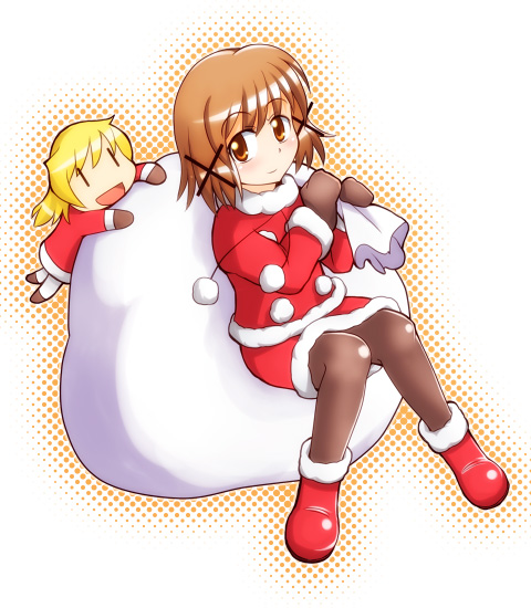 yn1982, miyako (hidamari sketch), yuno (hidamari sketch), hidamari sketch, brown legwear, santa boots, 00s, 2girls, alternate costume, blonde hair, blush, boots, brown eyes, brown hair, christmas, closed mouth, hair ornament, medium hair, multiple girls, open mouth, pantyhose, santa costume, smile, wide face