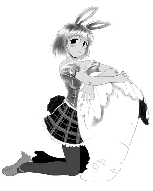 sakumo, sakumo (karatama), 1girl, animal ears, female focus, greyscale, monochrome, pantyhose, rabbit ears, solo