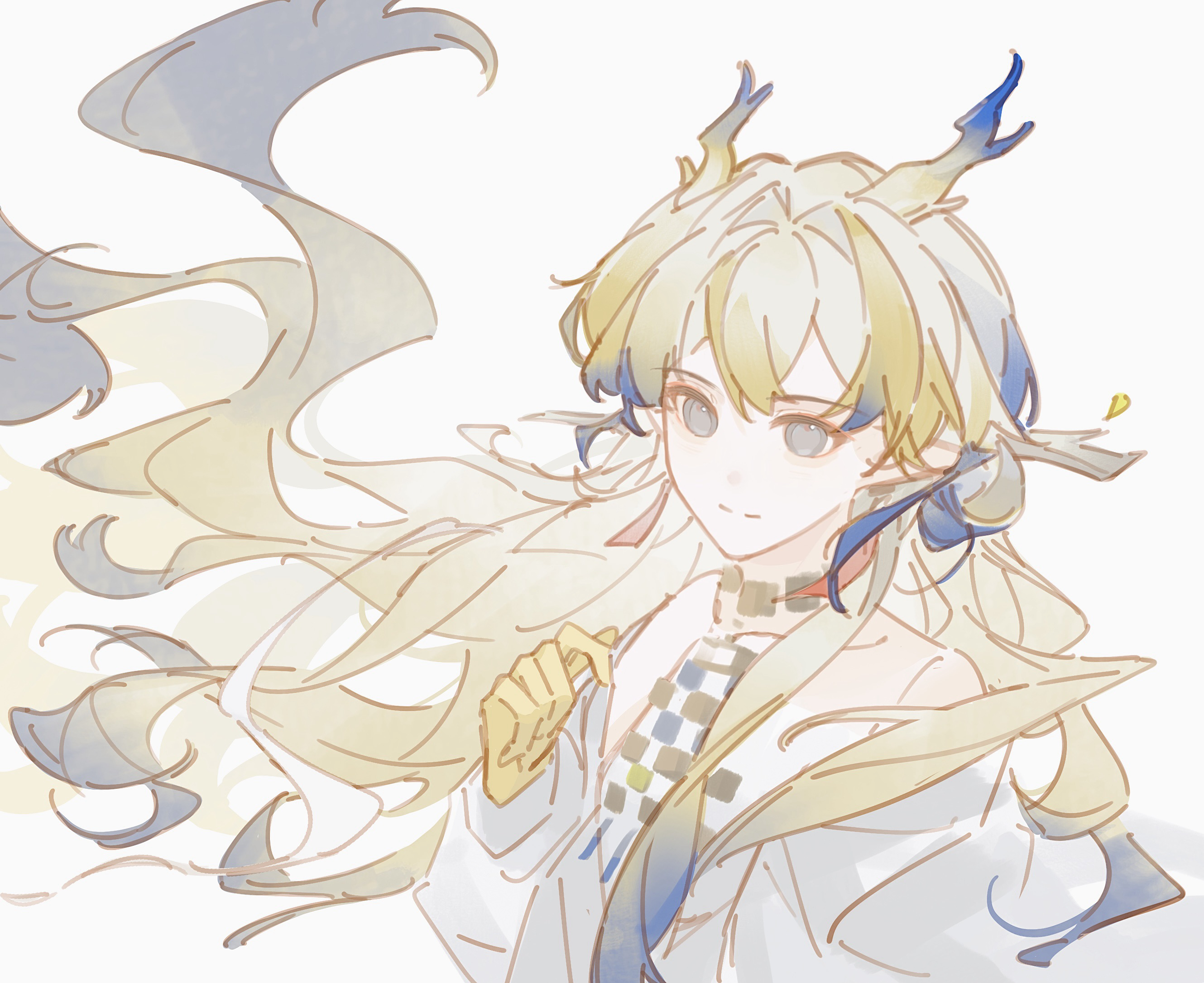 shu (arknights), arknights, highres, 1girl, blonde hair, blue hair, closed mouth, colored extremities, earrings, floating hair, grey background, grey eyes, grey hair, grey jacket, hand up, jacket, jewelry, long hair, looking at viewer, multicolored hair, pale color, simple background, sketch, smile, solo, split mouth, triti, upper body