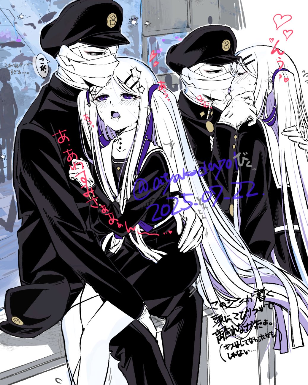 atyakodayo1, highres, translation request, 1boy, 1girl, aquarium, aroused, bandaged head, bandages, colored tongue, drooling, french kiss, gakuran, gakuseibou, geminism, gloves, hand on another's chin, hand on own hip, hat, heart, heavy breathing, hetero, hirosoma kikyou, jacket, kiss, long hair, long sleeves, looking at another, multiple views, parted bangs, partially colored, people, purple eyes, purple ribbon, purple tongue, ribbon, scene reference, school uniform, serafuku, sharp teeth, sitting, sitting on lap, sitting on person, skirt, teeth, twitching, two side up, very long hair, yamaga awasumi