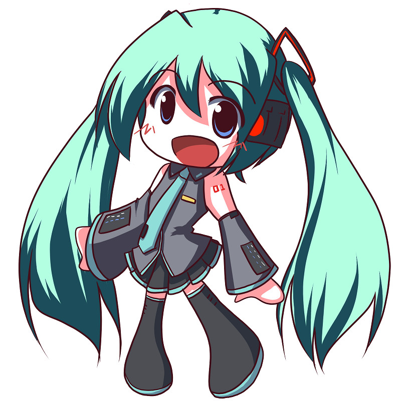 fictional sister, hatsune miku, vocaloid, 1girl, aqua hair, chibi, female focus, long hair, solo, thighhighs, twintails, very long hair