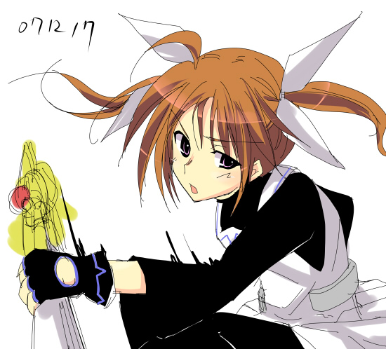 boshinote, raising heart, takamachi nanoha, lyrical nanoha, mahou shoujo lyrical nanoha, mahou shoujo lyrical nanoha a's, mahou shoujo lyrical nanoha strikers, 00s, 1girl, 2007, :o, apron, black dress, blush, brown hair, dated, dress, female focus, fingerless gloves, gloves, hair ribbon, holding, holding sword, holding weapon, looking at viewer, magical girl, motion blur, no jacket, open mouth, purple eyes, red hair, ribbon, simple background, solo, sword, twintails, upper body, weapon, white background