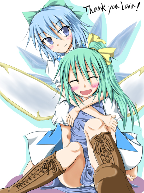 kirino souya, souya, cirno, daiyousei, embodiment of scarlet devil, touhou, brown footwear, 2girls, ^ ^, blue dress, blue eyes, blue hair, blush, boots, bow, closed eyes, dress, english text, eyes visible through hair, female focus, green bow, green hair, hair bow, hair ribbon, hug, hug from behind, lace-up boots, long hair, multiple girls, panties, pantyshot, puffy short sleeves, puffy sleeves, ribbon, short hair, short sleeves, side ponytail, sitting, smile, thank you, underwear, white sleeves, wings, yellow ribbon, yuri