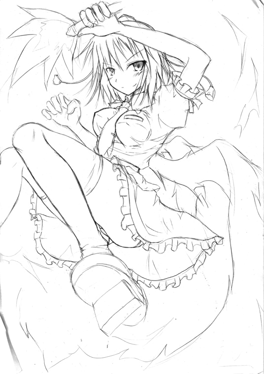 kirino souya, souya, shameimaru aya, touhou, 1girl, female focus, geta, greyscale, looking at viewer, monochrome, sketch, solo, tengu-geta, thighhighs