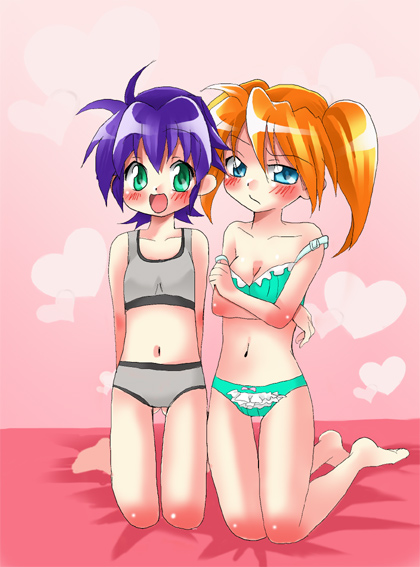subaru nakajima, teana lanster, lyrical nanoha, mahou shoujo lyrical nanoha, mahou shoujo lyrical nanoha strikers, 00s, 2girls, bra, kneeling, lingerie, multiple girls, panties, underwear, underwear only