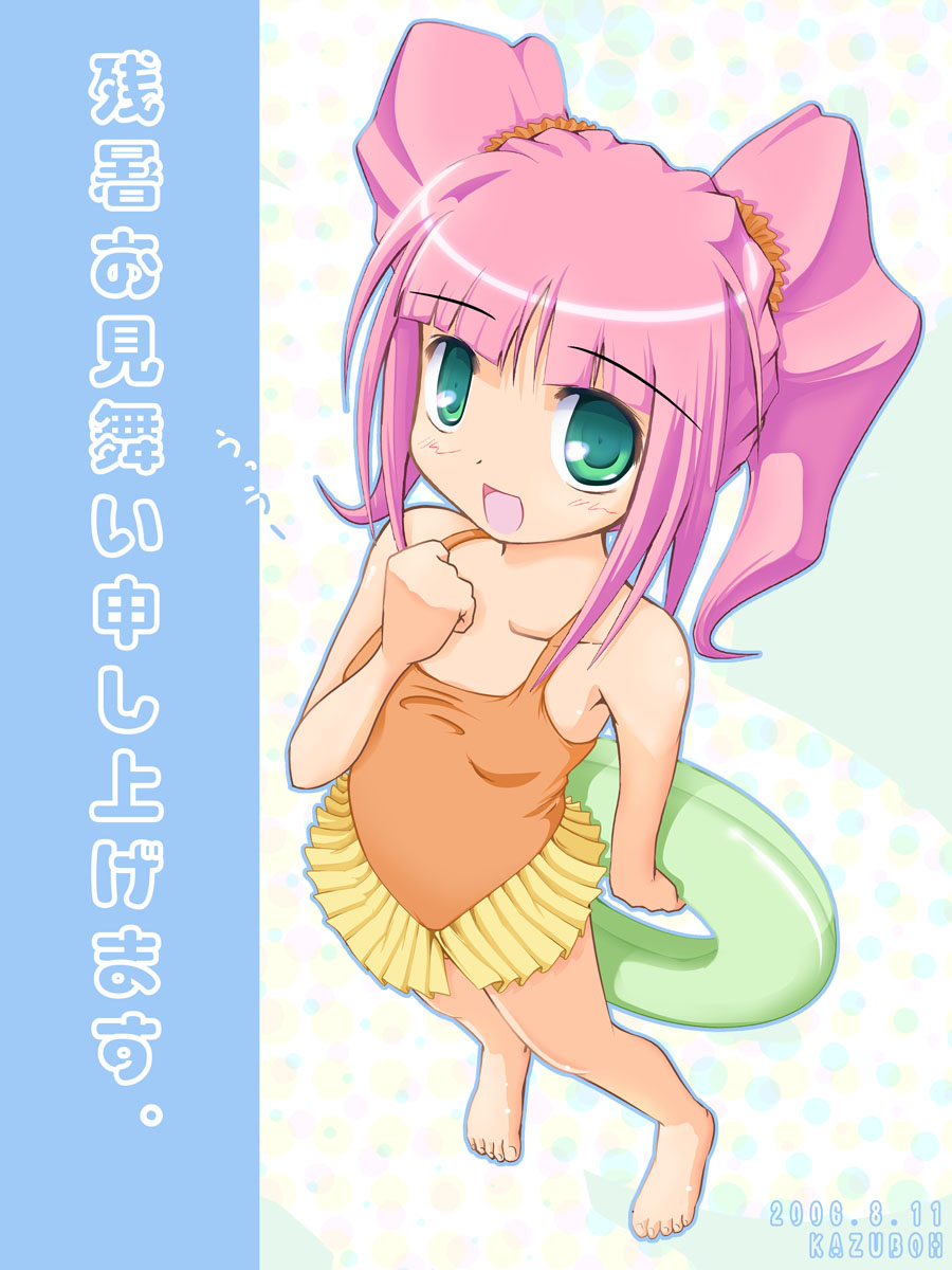 kazuboh, takatsuki yayoi, idolmaster, idolmaster (classic), idolmaster 1, highres, 00s, 1girl, barefoot, casual one-piece swimsuit, feet, female focus, flat chest, green eyes, one-piece swimsuit, open mouth, pink hair, solo, swimsuit, twintails