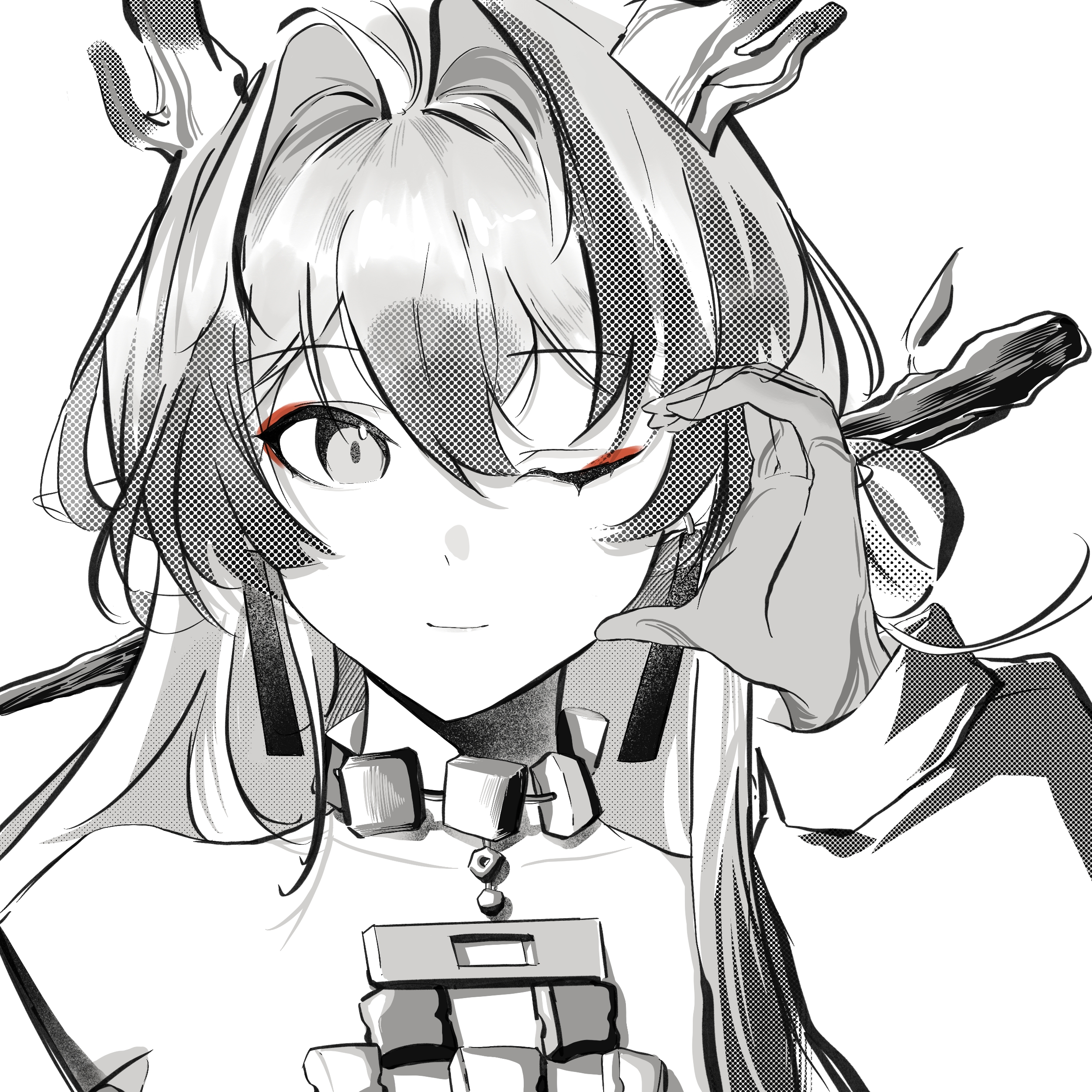 shu (arknights), arknights, absurdres, highres, 1girl, ;), arm up, bare shoulders, closed mouth, dragon girl, dragon horns, earrings, eyeliner, greyscale, hair between eyes, hair intakes, horns, huangchengxiaoge, jewelry, light smile, long hair, long sleeves, looking at viewer, makeup, monochrome, necklace, off shoulder, one eye closed, orange eyeliner, portrait, simple background, smile, solo, spot color, white background