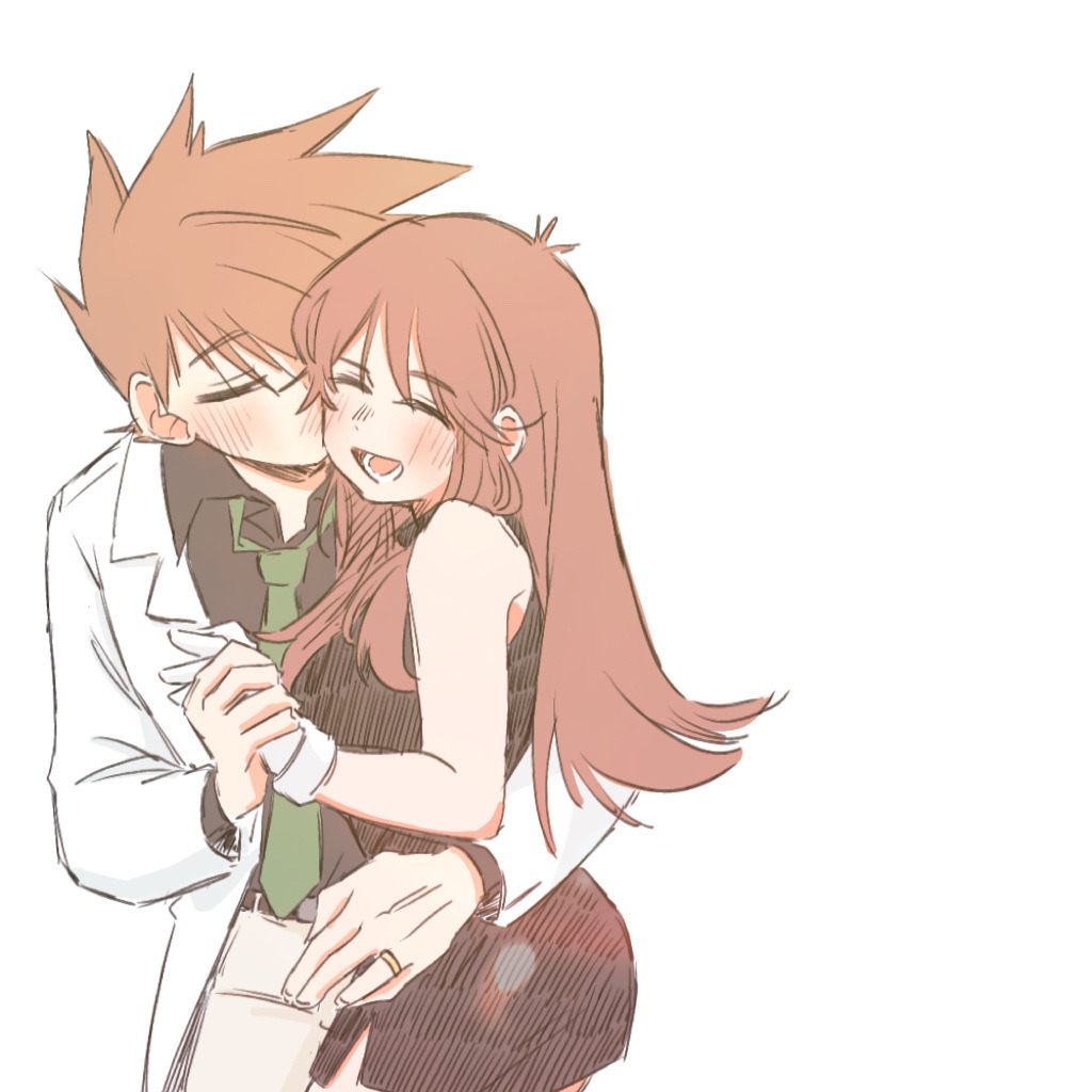 riceball (gohan gin), blue oak, green (pokemon), nintendo, pokemon, pokemon adventures, 1boy, 1girl, arm around waist, black dress, black shirt, blush, brown hair, closed eyes, dress, green necktie, hand grab, hetero, jewelry, kiss, kissing cheek, lab coat, necktie, negative space, open mouth, ring, shirt, spiked hair, white background