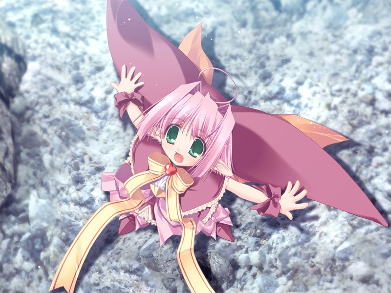oono tetsuya, fel, prism ark, game cg, 00s, 1girl, dress, elf, female focus, pink hair, pointy ears, ribbon, solo