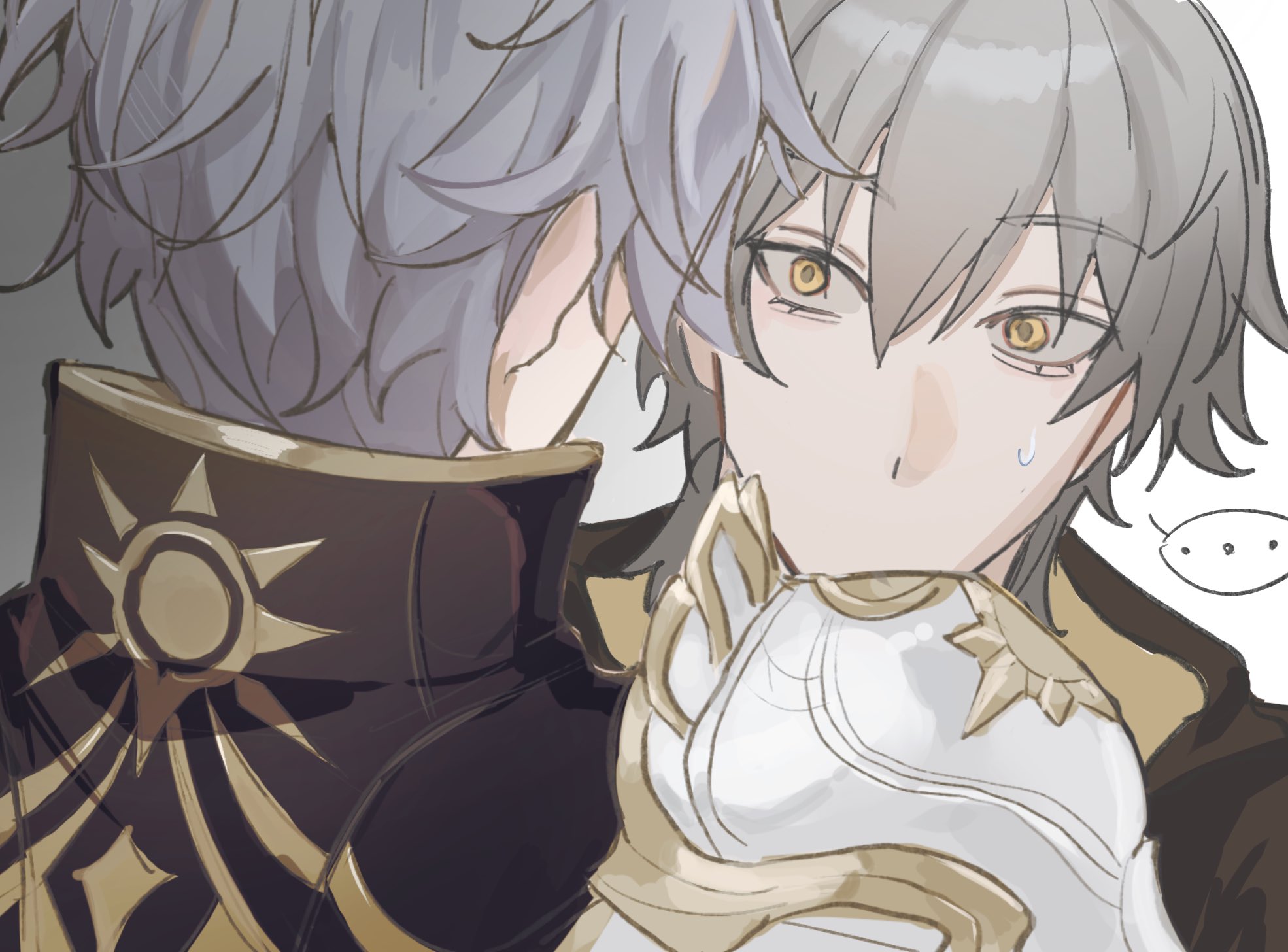 nanuuuuuu73, caelus (honkai: star rail), phainon (honkai: star rail), trailblazer (honkai: star rail), honkai: star rail, honkai (series), commentary request, highres, …, 2boys, armor, back, black coat, coat, gradient background, grey background, grey hair, hair between eyes, hood, hooded coat, jacket, looking at another, male focus, multiple boys, no mouth, short hair, shoulder armor, simple background, speech bubble, spoken ellipsis, sun symbol, sweatdrop, two-sided coat, two-sided fabric, white background, white jacket, yellow coat, yellow eyes