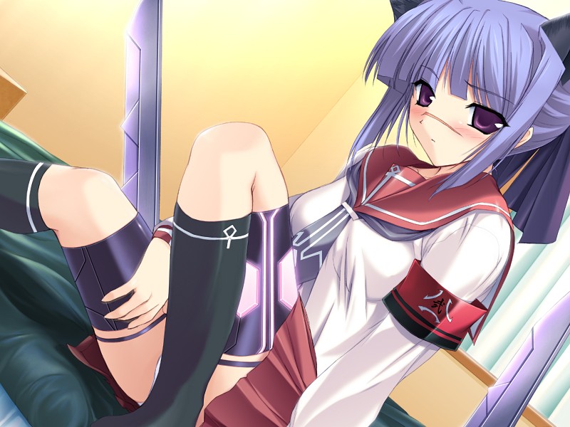 onigirikun, suzuki botan, tsumura tokiko, busou renkin, pastel chime, pastel chime continue, game cg, 1girl, armband, bed, blue hair, blush, bob cut, cosplay, female focus, hair ribbon, kneehighs, panties, parody, purple eyes, purple hair, ribbon, scar, scar on face, scar on nose, school uniform, serafuku, sitting, socks, solo, underwear, white panties