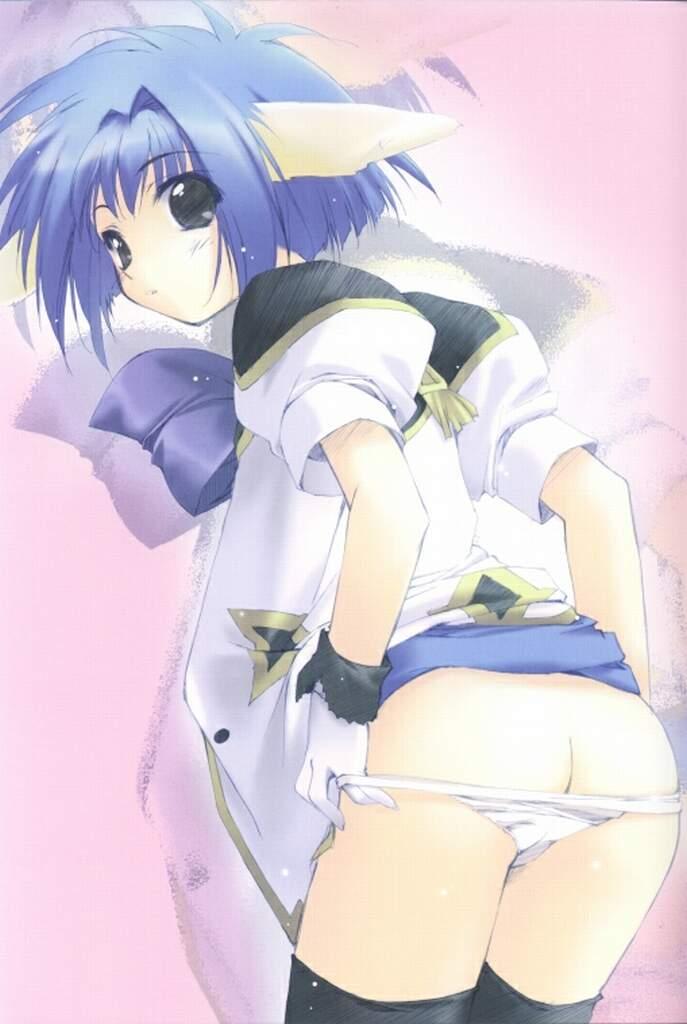 mint blancmanche, broccoli (company), galaxy angel, 00s, 1girl, animal ears, ass, black eyes, black thighhighs, blue hair, dress, female focus, gloves, looking at viewer, looking back, panties, panty pull, puffy sleeves, short dress, short hair, simple background, solo, thighhighs, underwear