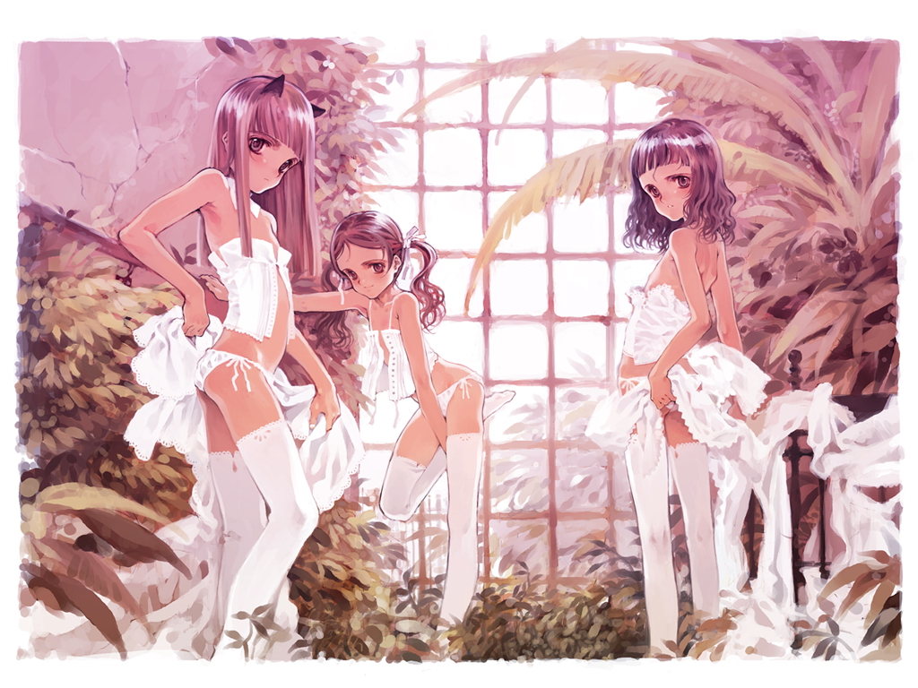 ooyari ashito, ema (clovers), ema (shirotsume souwa), sayu (clovers), sayu (shirotsume souwa), toka (clovers), touka (shirotsume souwa), episode of the clovers, littlewitch, shirotsume souwa, lace-trimmed legwear, white legwear, official art, 3girls, against wall, animal ears, arm support, armpits, ass, back, bare shoulders, black hair, blunt bangs, blush, brown eyes, brown hair, buttons, camisole, cat ears, crop top, detached collar, embarrassed, finger gun, flat chest, hair ribbon, indoors, lace, lace trim, leaf, leaning forward, leg lift, legs, lingerie, loli, long hair, long legs, looking at viewer, looking back, midriff, multiple girls, open clothes, open shirt, outstretched arm, panties, parted bangs, plant, profile, ribbon, shirt, short hair, sidelocks, skinny, smile, standing, standing on one leg, strapless, thighhighs, thighs, tube top, twintails, unbuttoned, underwear, underwear only, undressing, wavy hair, white panties, window