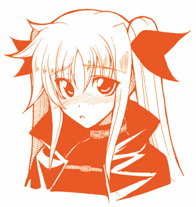 kawakami shuuichi, shu (artist), fate testarossa, lyrical nanoha, mahou shoujo lyrical nanoha, mahou shoujo lyrical nanoha a's, lowres, 00s, 1girl, blush, female focus, monochrome, orange theme, solo