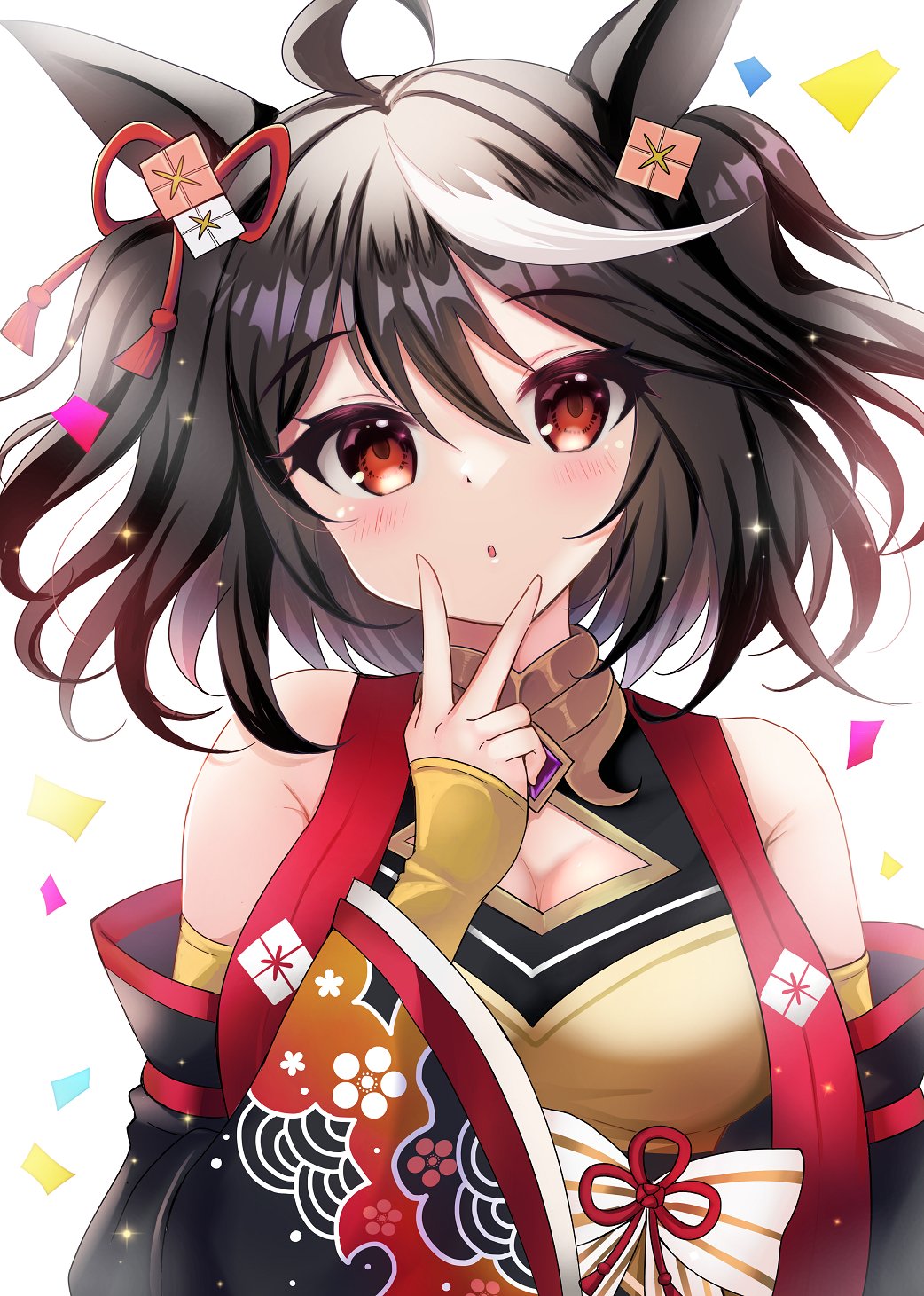 terimuku, kitasan black (umamusume), umamusume, commentary request, highres, 1girl, ahoge, animal ears, bare shoulders, black hair, black sleeves, breasts, cleavage, cleavage cutout, clothing cutout, confetti, detached sleeves, hair between eyes, horse ears, long sleeves, looking at viewer, medium breasts, multicolored hair, parted lips, red eyes, simple background, sleeves past wrists, solo, streaked hair, two side up, upper body, v, v over mouth, white background, white hair, wide sleeves