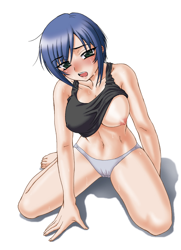 misnon the great, 1girl, barefoot, blue hair, blush, breasts, clothes lift, female focus, kneeling, large breasts, nipples, panties, shirt lift, short hair, solo, sweat, tank top, thighs, underwear