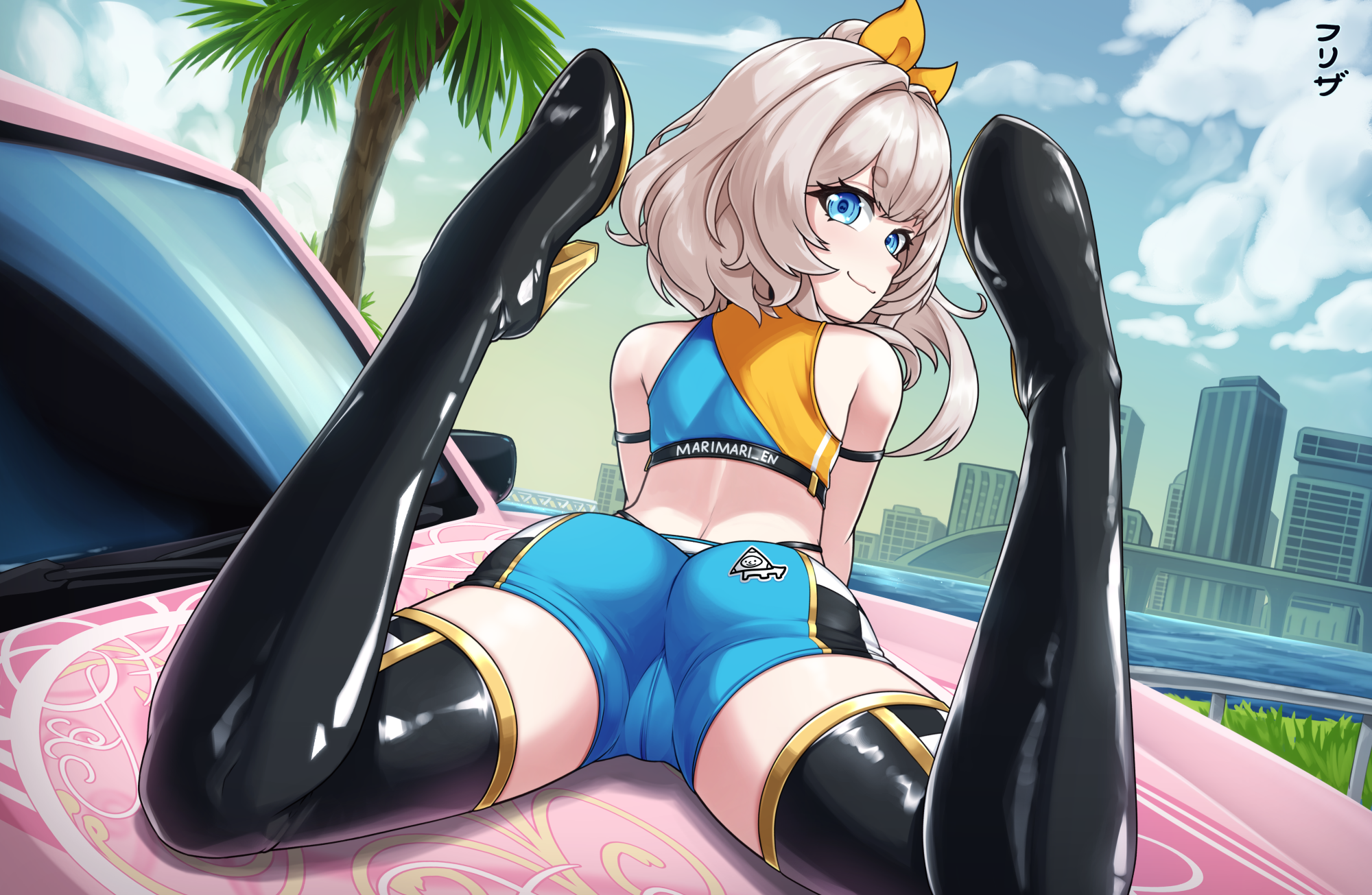 efreezerarts, marimari (vtuber), phase connect, commentary, english commentary, highres, variant set, 1girl, artist name, ass, bare shoulders, black boots, blue eyes, blue shorts, boots, car, closed mouth, feet up, looking at viewer, looking back, lying, medium hair, motor vehicle, on car, on stomach, outdoors, shorts, solo, sports bra, the pose, thigh boots