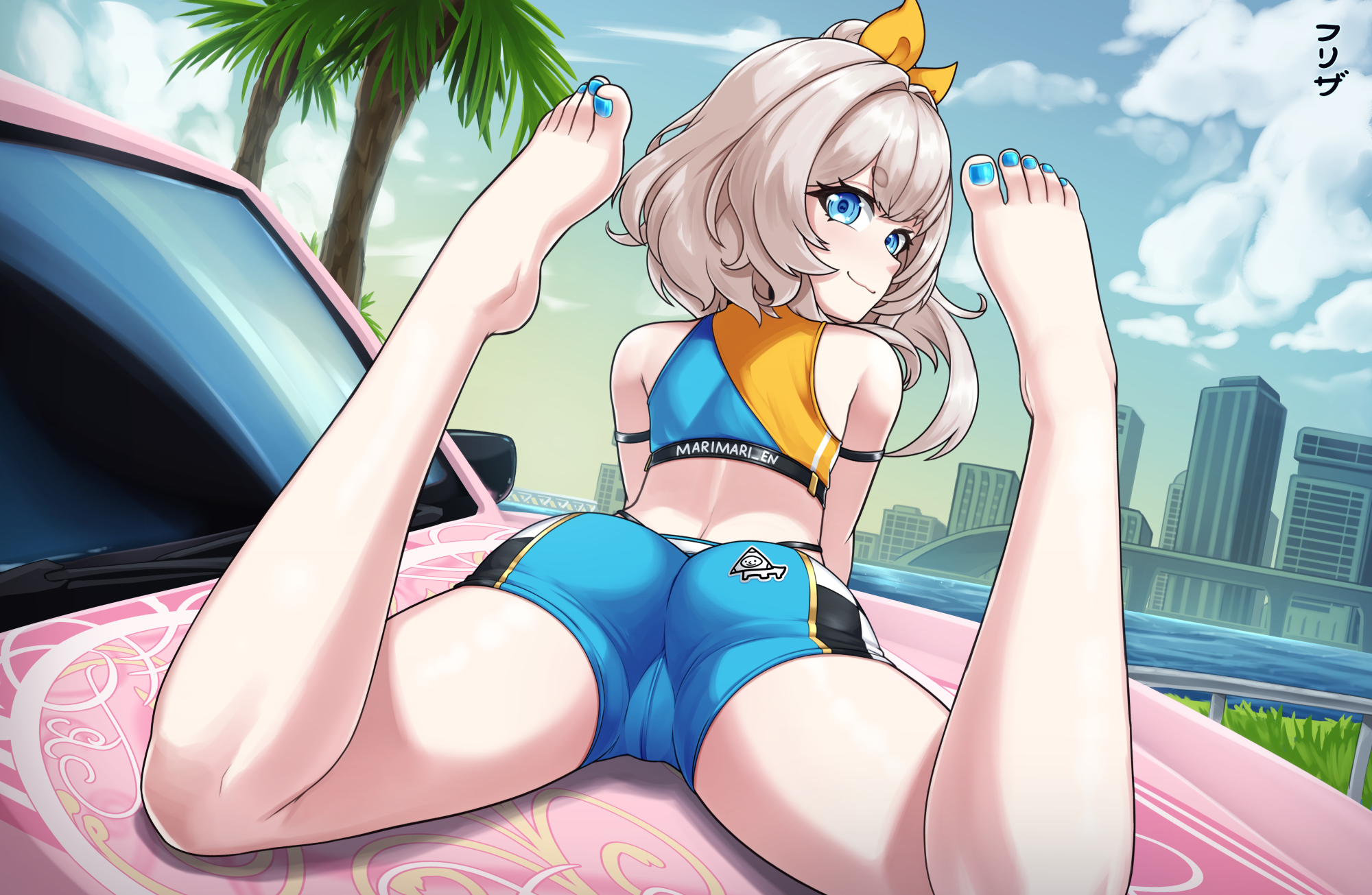 efreezerarts, marimari (vtuber), phase connect, commentary, english commentary, highres, variant set, 1girl, artist name, ass, bare legs, bare shoulders, barefoot, blue eyes, blue nails, blue shorts, car, closed mouth, feet, feet up, looking at viewer, looking back, lying, medium hair, motor vehicle, nail polish, on car, on stomach, outdoors, shorts, solo, sports bra, the pose, toenail polish, toenails, toes