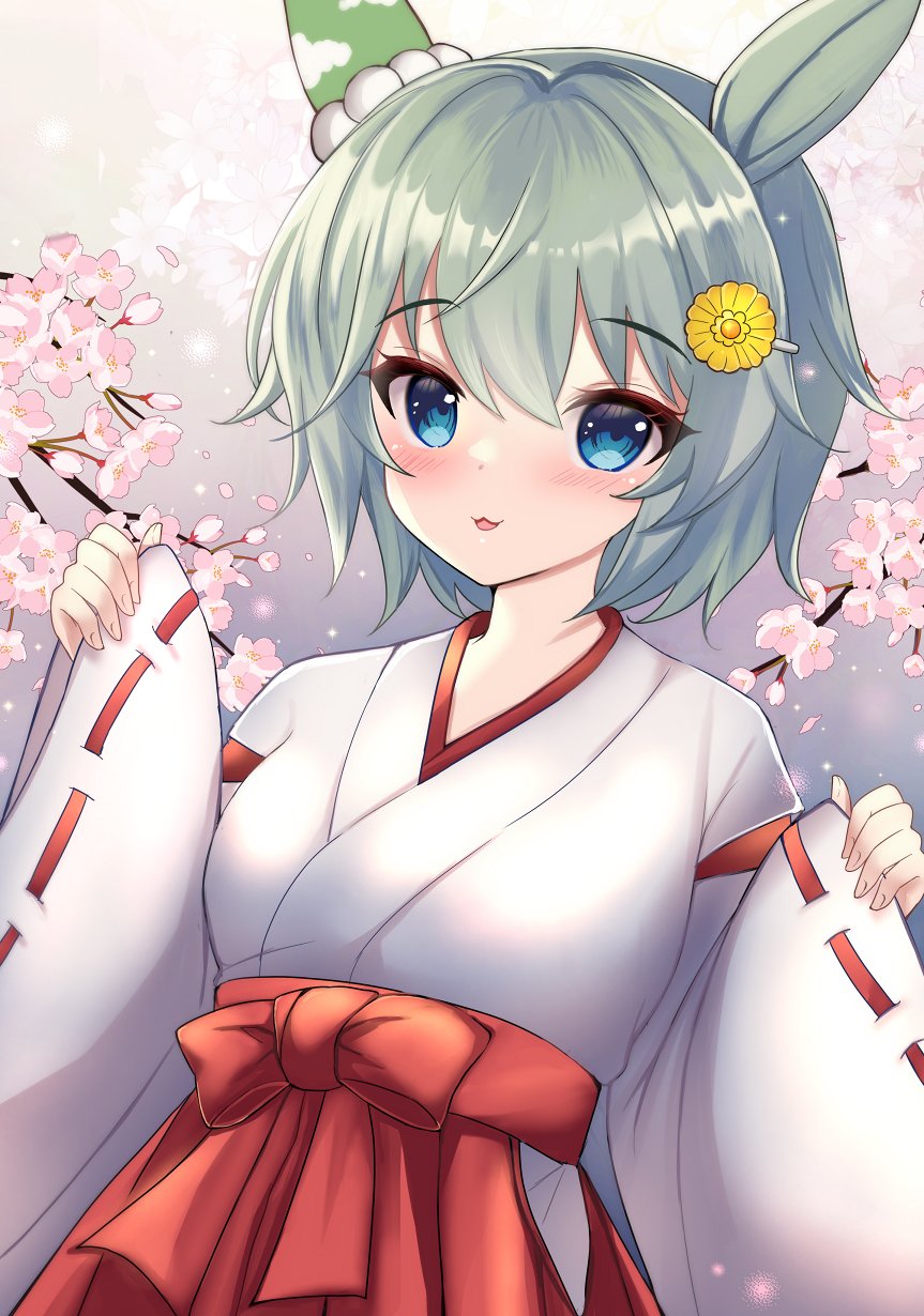terimuku, seiun sky (umamusume), umamusume, commentary request, highres, 1girl, animal ears, blue eyes, blush, bow, branch, flower, grey hair, hair between eyes, hair flower, hair ornament, hairclip, hakama, hakama skirt, hands up, horse ears, japanese clothes, kimono, long sleeves, looking at viewer, parted lips, petals, pinching sleeves, pink flower, red bow, red hakama, ribbon-trimmed sleeves, ribbon trim, short hair, skirt, sleeves past wrists, solo, white kimono, wide sleeves, yellow flower