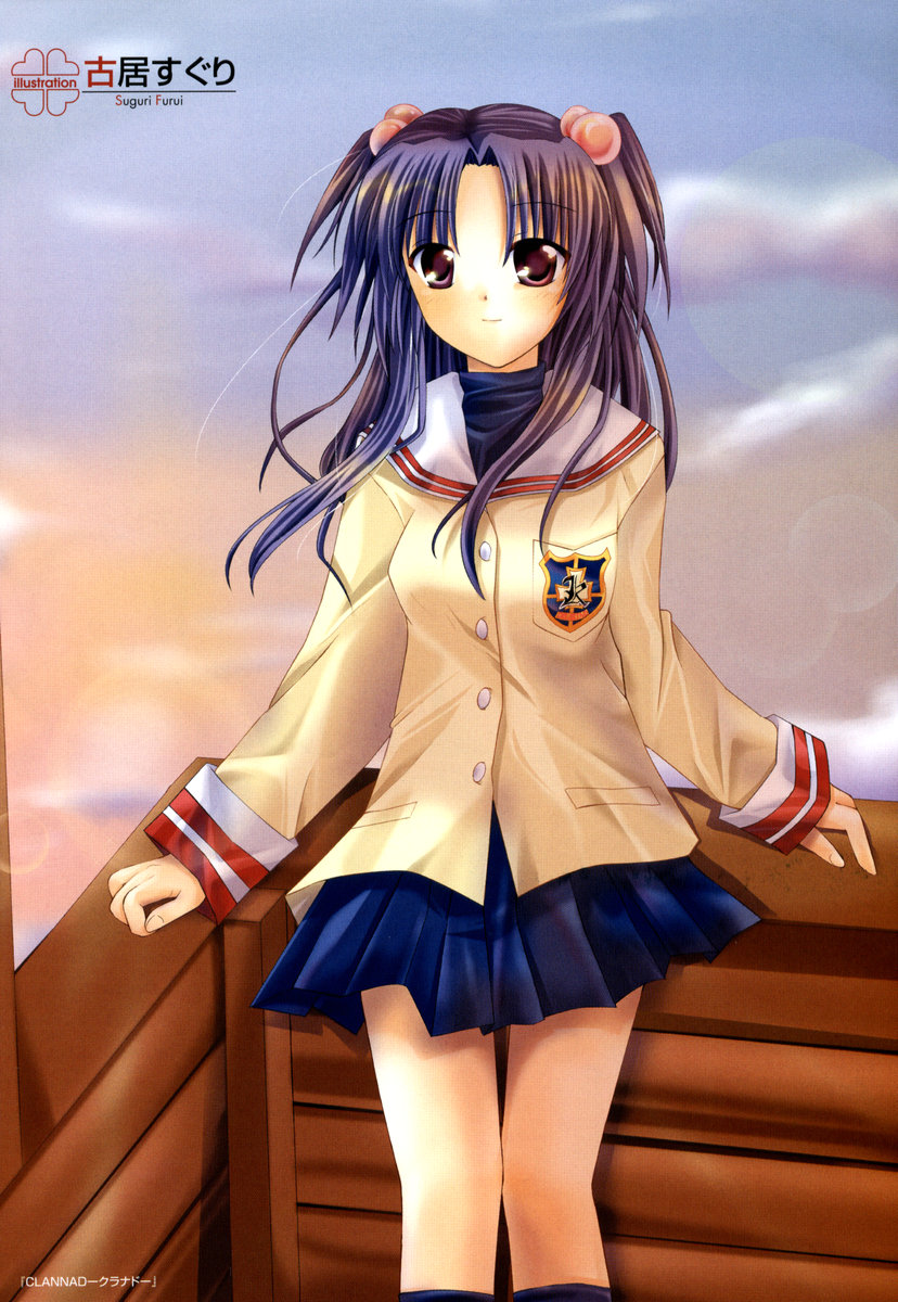 furui suguri, ichinose kotomi, clannad, highres, 00s, 1girl, female focus, hair bobbles, hair ornament, school uniform, solo, two side up