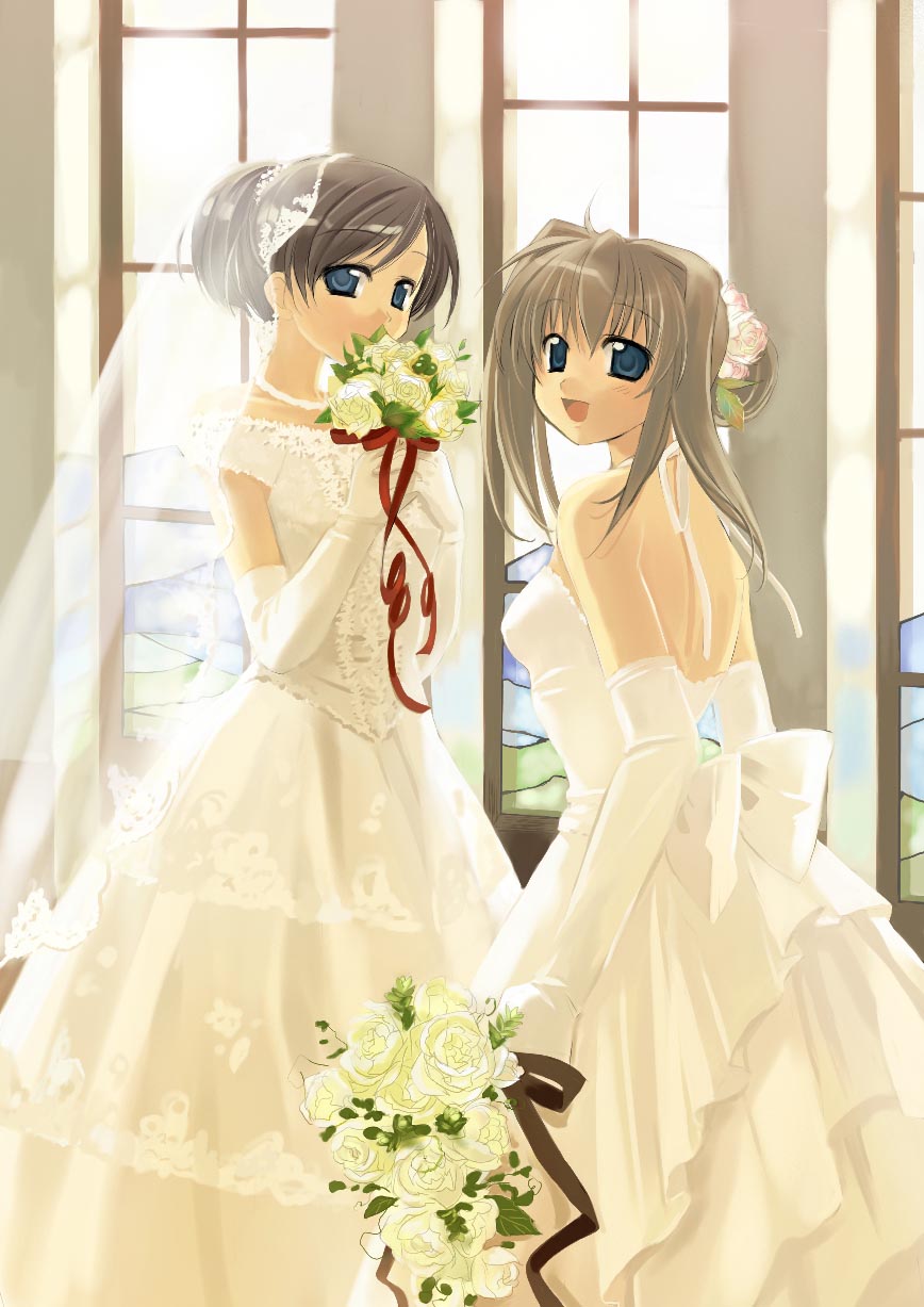 naruse chisato, original, highres, 2girls, blue eyes, bouquet, bride, dress, elbow gloves, flower, gloves, multiple girls, wedding dress, wife and wife, yuri