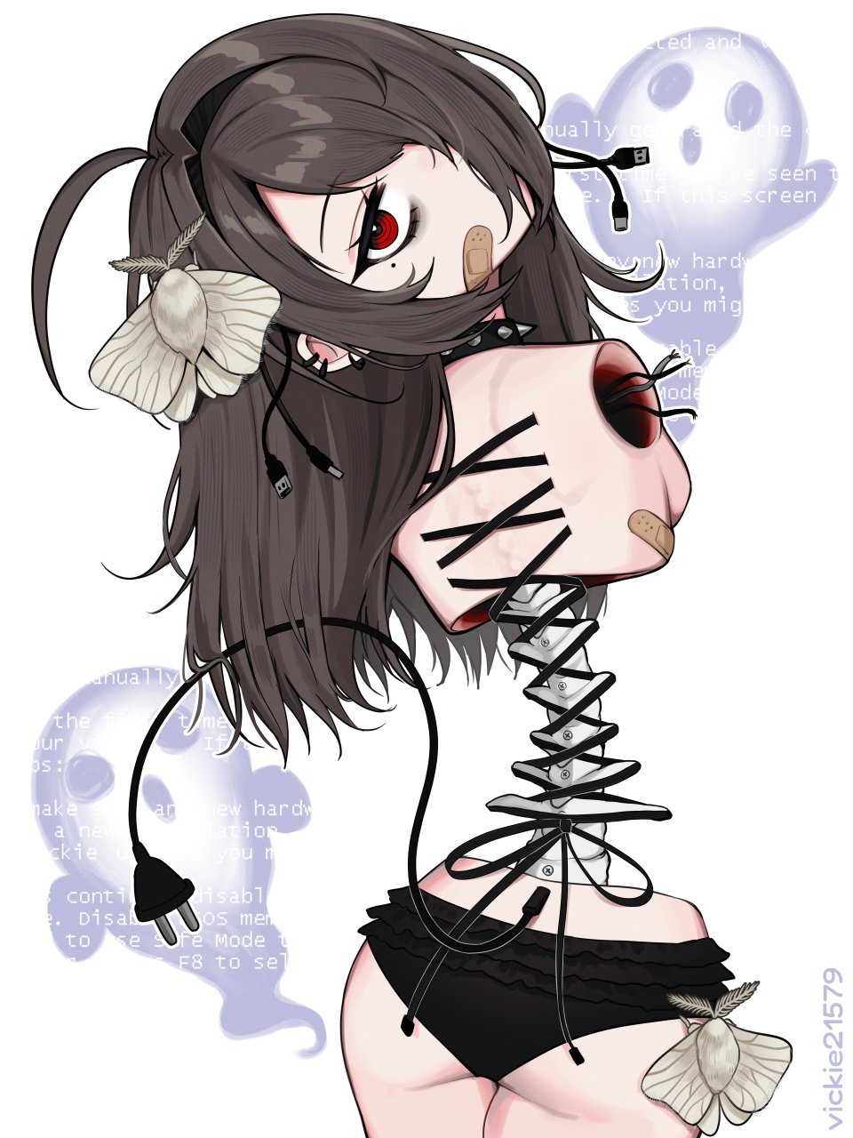 vickie (cryingrobot), vickie (cryingrobot) (character), original, hashtag-only commentary, highres, 1girl, ahoge, amputee, android, animal, animal on head, armless amputee, ass, bags under eyes, bandaid, black panties, black ribbon, brown hair, bug, cable, cable hair ornament, cable tail, choker, cowboy shot, electric plug, electric plug tail, frilled panties, frills, from behind, ghost, hair over one eye, head tilt, insect, long hair, looking at viewer, looking back, mechanical tail, mole, mole under eye, moth, on head, one eye covered, panties, red eyes, ribbon, shaft look, silk moth, solo, spiked choker, spikes, spine, standing, tail, topless female, underwear, usb cable