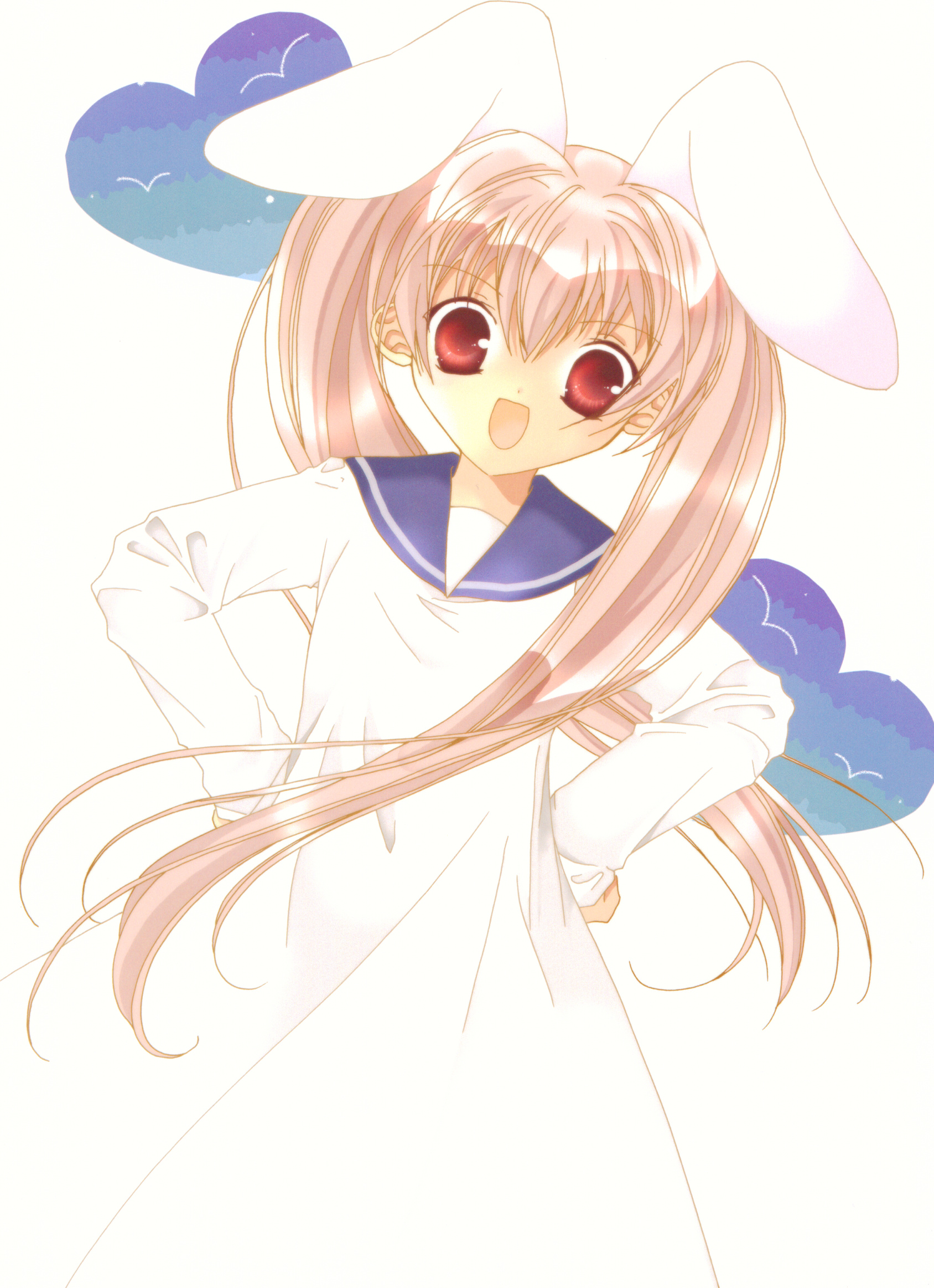 koge donbo, usada hikaru, di gi charat, highres, 1girl, animal ears, blue sailor collar, dress, female focus, hands on own hips, long hair, pink hair, rabbit ears, red eyes, sailor collar, solo, twintails