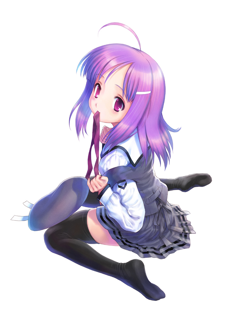 goto p, duplicate, hat, mouth hold, school uniform, serafuku, solo, thighhighs, zettai ryouiki