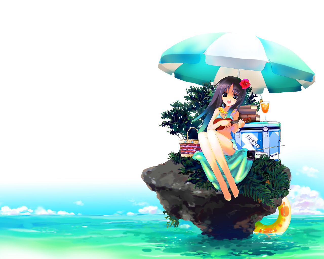 satoyasu, 1girl, barefoot, bikini, female focus, flower, hibiscus, holding instrument, holding ukulele, innertube, instrument, parasol, smile, solo, swim ring, swimsuit, ukulele, umbrella, water