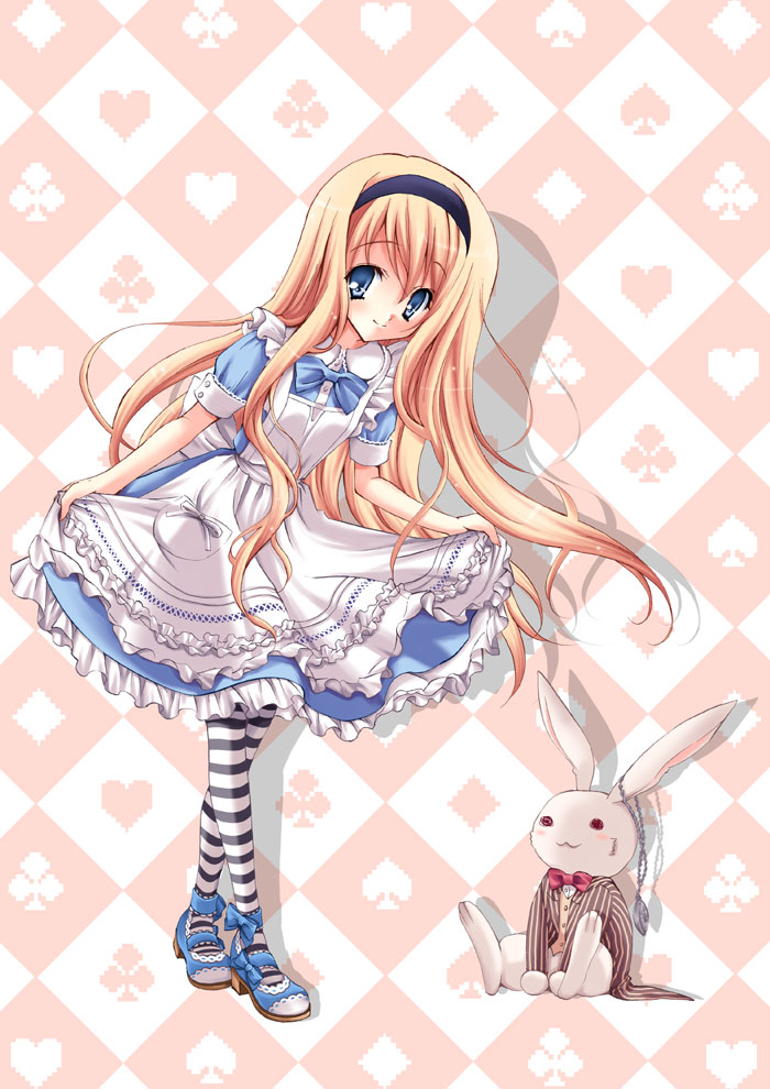 yukiwo, alice (alice in wonderland), white rabbit (alice in wonderland), alice's adventures in wonderland, 1girl, apron, argyle background, argyle clothes, black & white, blonde hair, blue dress, blue eyes, bow, club (shape), crossed legs, curtsey, diamond (shape), diamonds, dress, female focus, hairband, heart, lolita fashion, long hair, mary janes, pantyhose, patterned legwear, pocket watch, shoes, skirt hold, smile, solo, spade (shape), standing, striped clothes, striped pantyhose, stuffed animal, stuffed rabbit, stuffed toy, sweet lolita, tareme, watch, watson cross