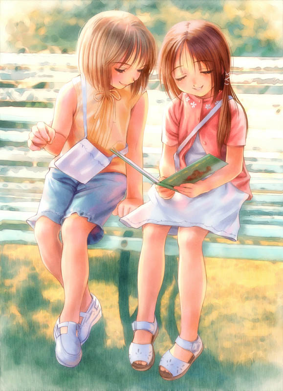 goto p, copyright request, tagme, 2girls, bag, bench, blouse, day, eyelashes, handbag, multiple girls, orange shirt, outdoors, reading, shirt, sitting, sleeveless, sleeveless shirt