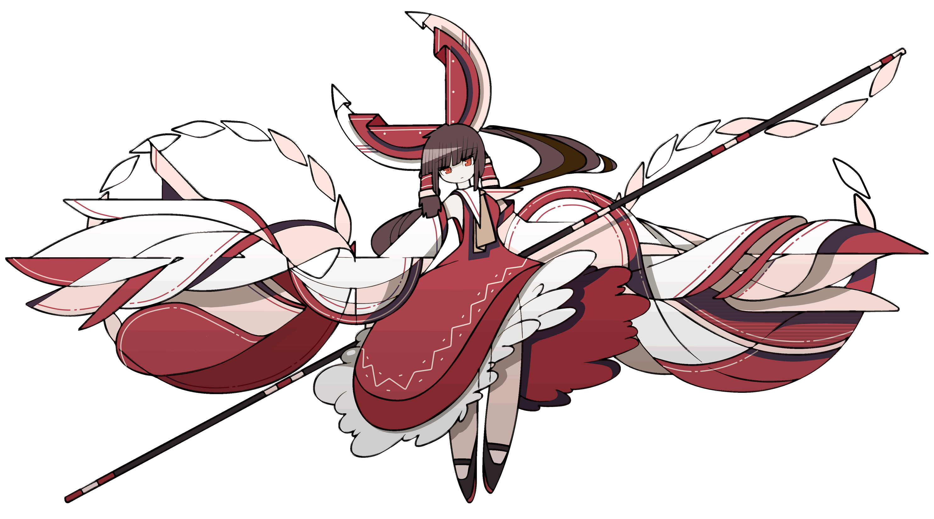 harano kaguyama, hakurei reimu, touhou, highres, 1girl, bow, brown hair, dress, full body, gohei, hair bow, head tilt, long hair, long sleeves, looking at viewer, mary janes, red bow, red dress, red eyes, shoes, simple background, solo, standing, white background