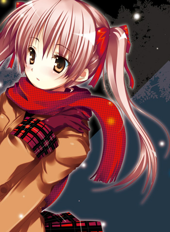 sakura hanpen, sakura sakura, lowres, 1girl, brown eyes, female focus, hair ribbon, plaid clothes, plaid skirt, red scarf, ribbon, scarf, skirt, snow, snowing, solo, twintails
