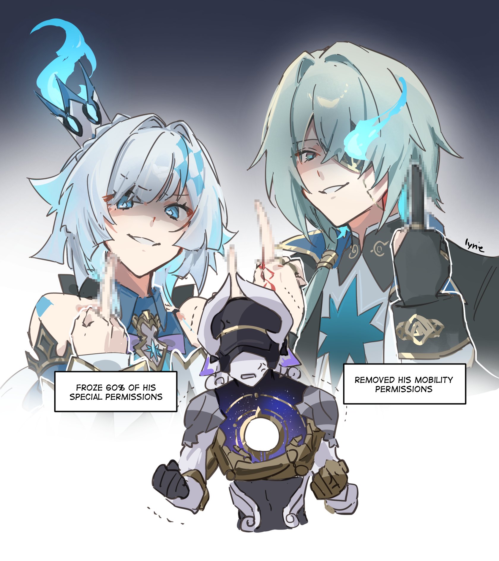 lyrie luna, anaxa (honkai: star rail), cerydra (honkai: star rail), lygus (honkai: star rail), honkai: star rail, honkai (series), commentary, english commentary, highres, 1girl, 2boys, anger vein, angry, armor, bare shoulders, black bow, black gloves, black jacket, blue dress, blue eyes, blue fire, blue hair, bow, censored, clenched hands, collared dress, crossed bangs, crown, crystal earrings, detached sleeves, diamond-shaped pupils, diamond (shape), dress, earrings, evil smile, eyepatch, fire, gloves, gold necklace, gold ring, gradient background, greco-roman clothes, green hair, grey background, grey hair, hair bow, hair ornament, hand up, hands up, horns, jacket, jewelry, long hair, looking at viewer, low ponytail, mandarin collar, middle finger, mini crown, mosaic censoring, multicolored eyes, multicolored hair, multiple boys, necklace, open clothes, open jacket, partially fingerless gloves, ponytail, puffy detached sleeves, puffy sleeves, purple eyes, shirt, short hair, shoulder armor, simple background, single earring, sleeveless, sleeveless dress, smile, symbol-shaped pupils, teeth, trembling, two-tone hair, upper body, v-shaped eyebrows, white hair, white shirt, white sleeves