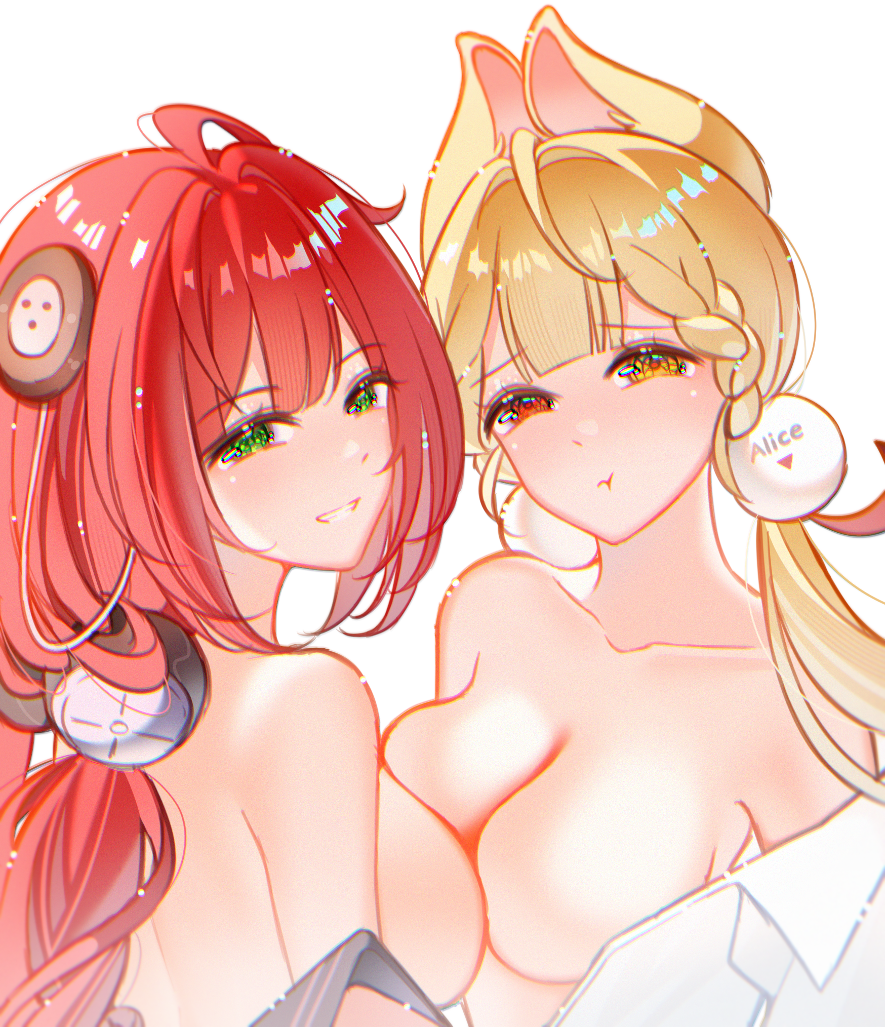 devi hendita, alice thymefield, ukinami yuzuha, zenless zone zero, highres, 2girls, ahoge, animal ears, black shirt, blonde hair, braid, breasts, cleavage, closed mouth, green eyes, heterochromia, large breasts, long hair, looking at viewer, low twin braids, low twintails, multiple girls, puffy cheeks, rabbit ears, rabbit girl, red eyes, red hair, shirt, smile, twin braids, twintails, very long hair, white shirt, yellow eyes