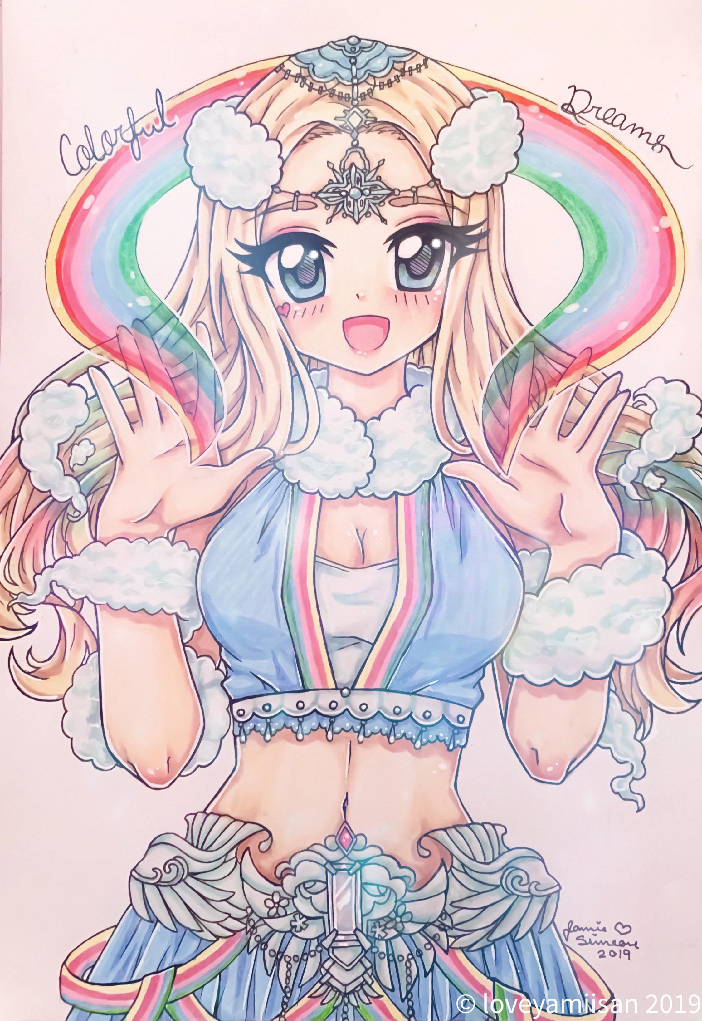 unnbjorg signar, miracle nikki, nikki (series), absurdres, commentary, english commentary, highres, traditional media, 1girl, 2019, bare shoulders, beads, belt, blonde hair, blue eyes, blue shirt, blue skirt, breasts, character name, circlet, cleavage, colorful dreams (miracle nikki), cowboy shot, crop top, eyelashes, eyeshadow, facial tattoo, fur armlet, fur headband, fur scarf, fur wrist cuffs, hair beads, hair ornament, hands up, happy, heart, heart tattoo, instagram username, large breasts, layered shirt, long hair, looking at viewer, makeup, midriff, navel, pink eyeshadow, pleated skirt, rainbow, scarf, shirt, skirt, sleeveless, sleeveless shirt, snowflakes, solo, standing, straight-on, tattoo, tsurime, watermark, wavy hair, white belt, white scarf, white shirt, white wrist cuffs, wrist cuffs, yamisaan
