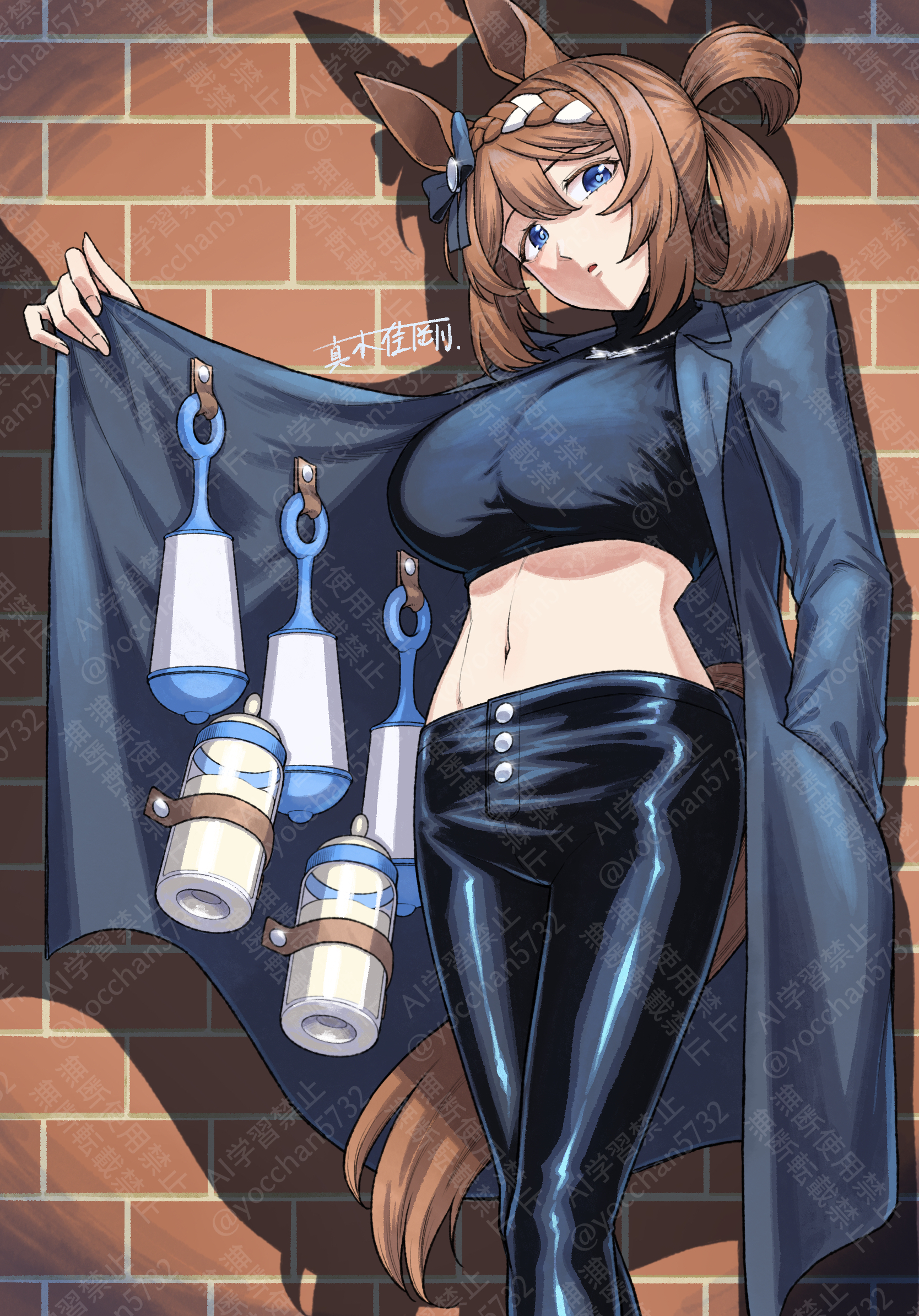 maki yoshitake, super creek (umamusume), umamusume, highres, animal ears, baby bottle, black pants, black shirt, blue coat, blue eyes, bottle, bow, braid, breasts, brick wall, brown hair, coat, crop top, cropped shirt, ear bow, hair between eyes, horse ears, horse girl, horse tail, large breasts, long hair, long sleeves, looking at viewer, midriff, multicolored hair, navel, open clothes, open coat, pants, parted lips, rattle, shirt, solo, streaked hair, tail, tight clothes, tight pants, trench coat, white hair