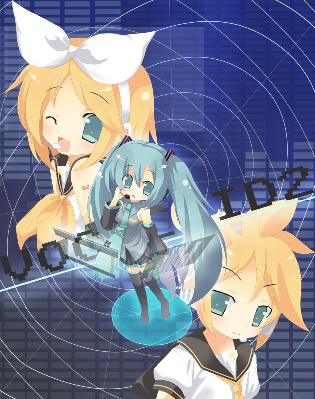 omiso, omiso (omiso), hatsune miku, kagamine len, kagamine rin, vocaloid, black footwear, 1boy, 2girls, ;d, aqua hair, blue eyes, boots, brother and sister, chibi, copyright name, long hair, multiple girls, one eye closed, open mouth, pleated skirt, sailor collar, school uniform, serafuku, shirt, siblings, skirt, smile, standing, tattoo, thigh boots, thighhighs, twins, twintails, very long hair, white shirt, zettai ryouiki