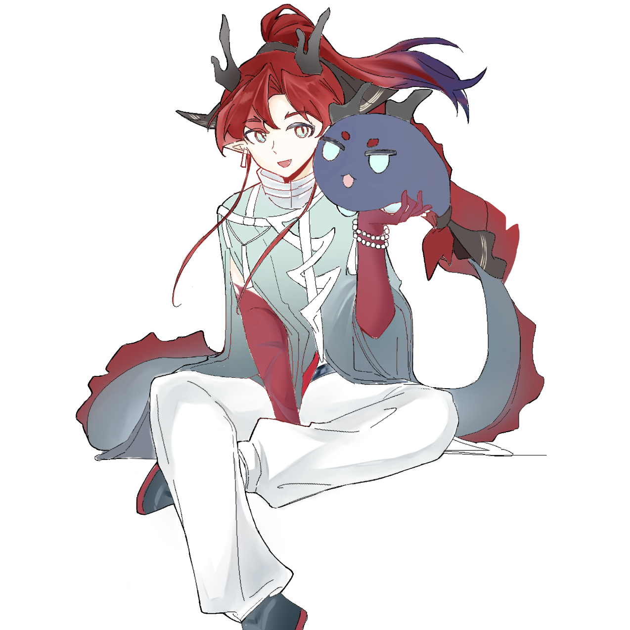 yu (arknights), arknights, chinese commentary, commentary request, highres, 1boy, beads, colored extremities, dragon bubble (arknights), earrings, foot out of frame, gradient hair, green eyes, hair intakes, holding, horns, invisible chair, jewelry, long hair, male focus, multicolored hair, pants, pointy ears, ponytail, purple hair, rayji29, red hair, simple background, sitting, solo, streaked hair, tail, white background, white pants