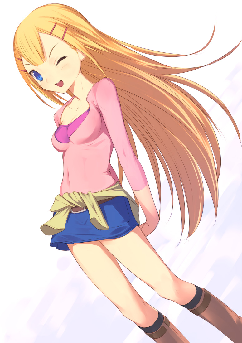 uni (plastic girl), louise halevy, gundam, gundam 00, 00s, 1girl, ;d, arms behind back, blonde hair, blue eyes, blue skirt, clothes around waist, collarbone, female focus, floating hair, hair ornament, hairclip, long hair, looking at viewer, one eye closed, open mouth, simple background, skirt, smile, solo, standing, very long hair, white background, wind