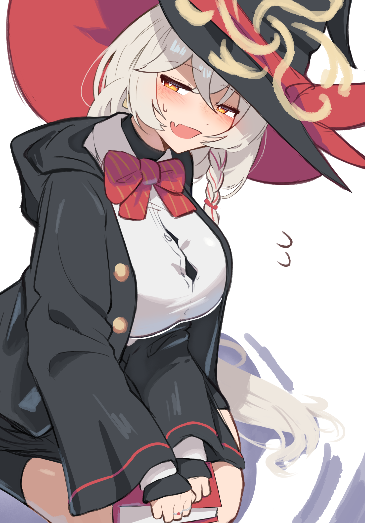 vinsycal, eri (blue archive), blue archive, highres, 1girl, black hat, blush, bow, bowtie, breasts, grey hair, halo, hat, large breasts, long sleeves, looking at viewer, medium hair, open mouth, orange eyes, red bow, red bowtie, skirt, smile, solo, witch hat