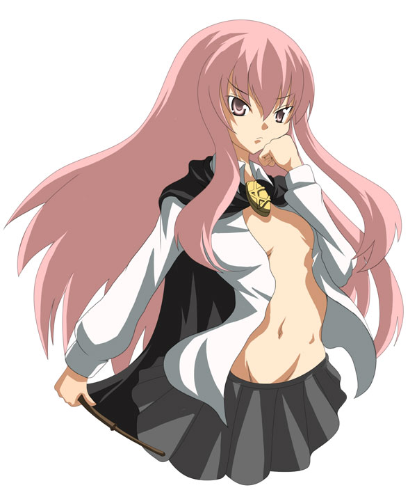 nana (732 kaiten), louise francoise le blanc de la valliere, zero no tsukaima, 00s, 1girl, female focus, long hair, no bra, open clothes, open shirt, pentacle, pink eyes, pink hair, shirt, solo, wand, white background