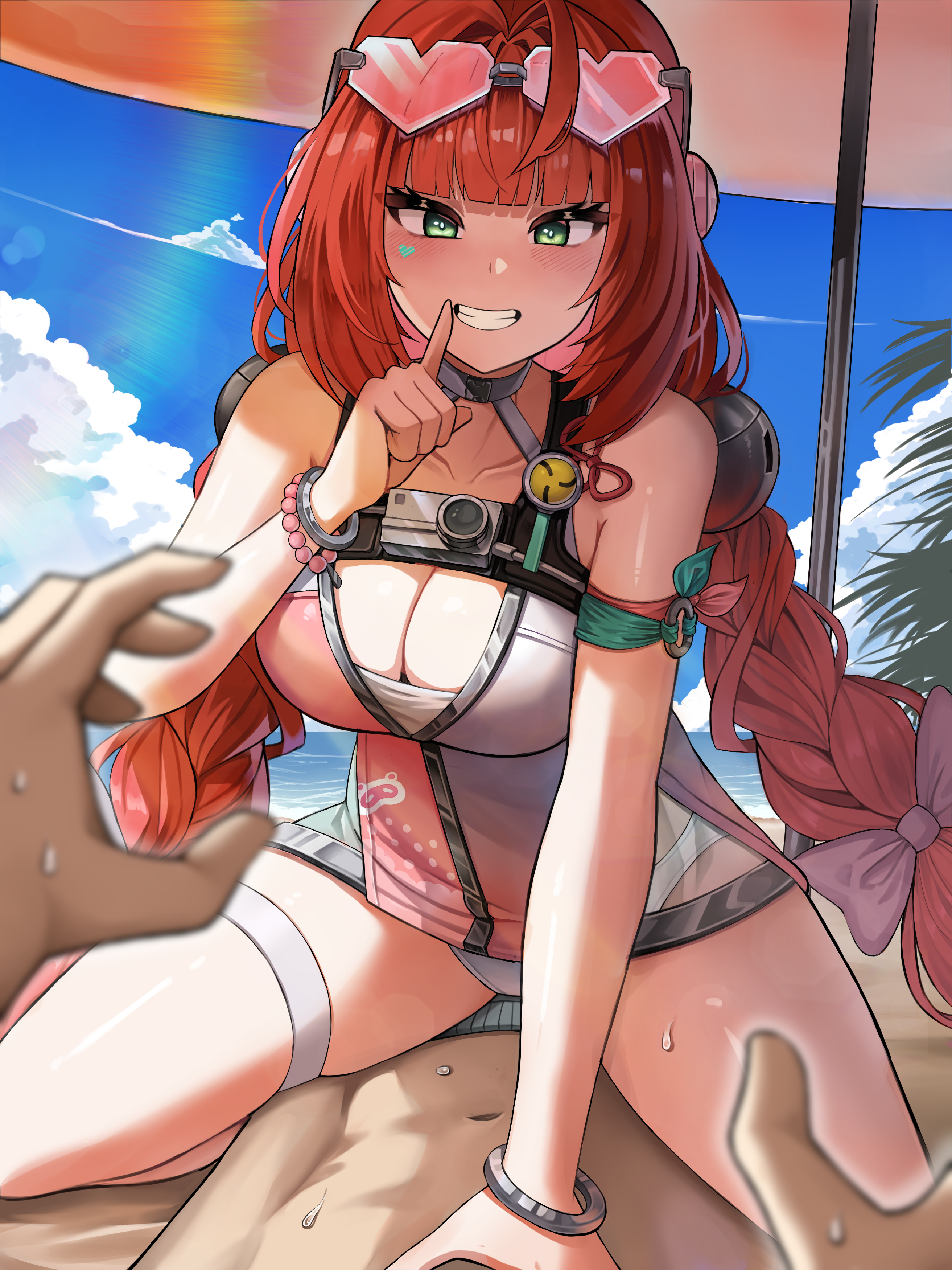 sanfu (sanfu9800), ukinami yuzuha, ukinami yuzuha (tanuki in broad daylight), zenless zone zero, absurdres, highres, 1boy, 1girl, ahoge, blue sky, braid, breasts, cleavage, closed mouth, cloud, eyewear on head, finger to mouth, girl on top, green eyes, heart, heart-shaped eyewear, large breasts, long hair, looking at viewer, low twin braids, official alternate costume, one-piece swimsuit, outdoors, pink one-piece swimsuit, red hair, sky, smile, sunglasses, swimsuit, thigh strap, twin braids, two-tone one-piece swimsuit, very long hair, white one-piece swimsuit