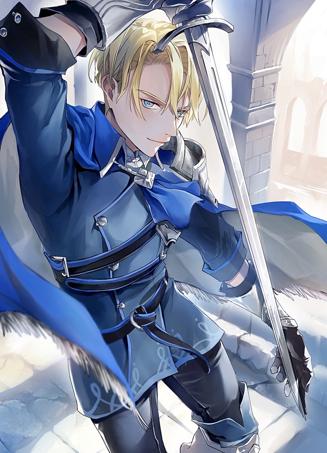 zat 296, dimitri alexandre blaiddyd, fire emblem, fire emblem: three houses, nintendo, highres, 1boy, alternate costume, armor, black gloves, blonde hair, blue cape, blue eyes, blue pants, blue tunic, boots, cape, closed mouth, gloves, hair between eyes, holding, holding sword, holding weapon, male focus, pants, short hair, shoulder armor, smile, solo, sword, tunic, weapon